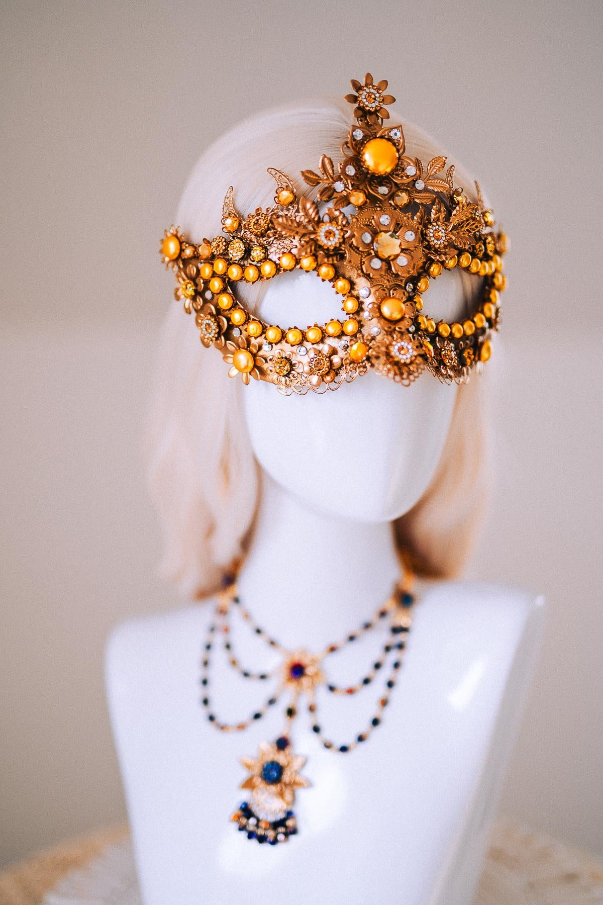 Sun Goddess Gold Statement Necklace Blue Crystal Festival Jewelry