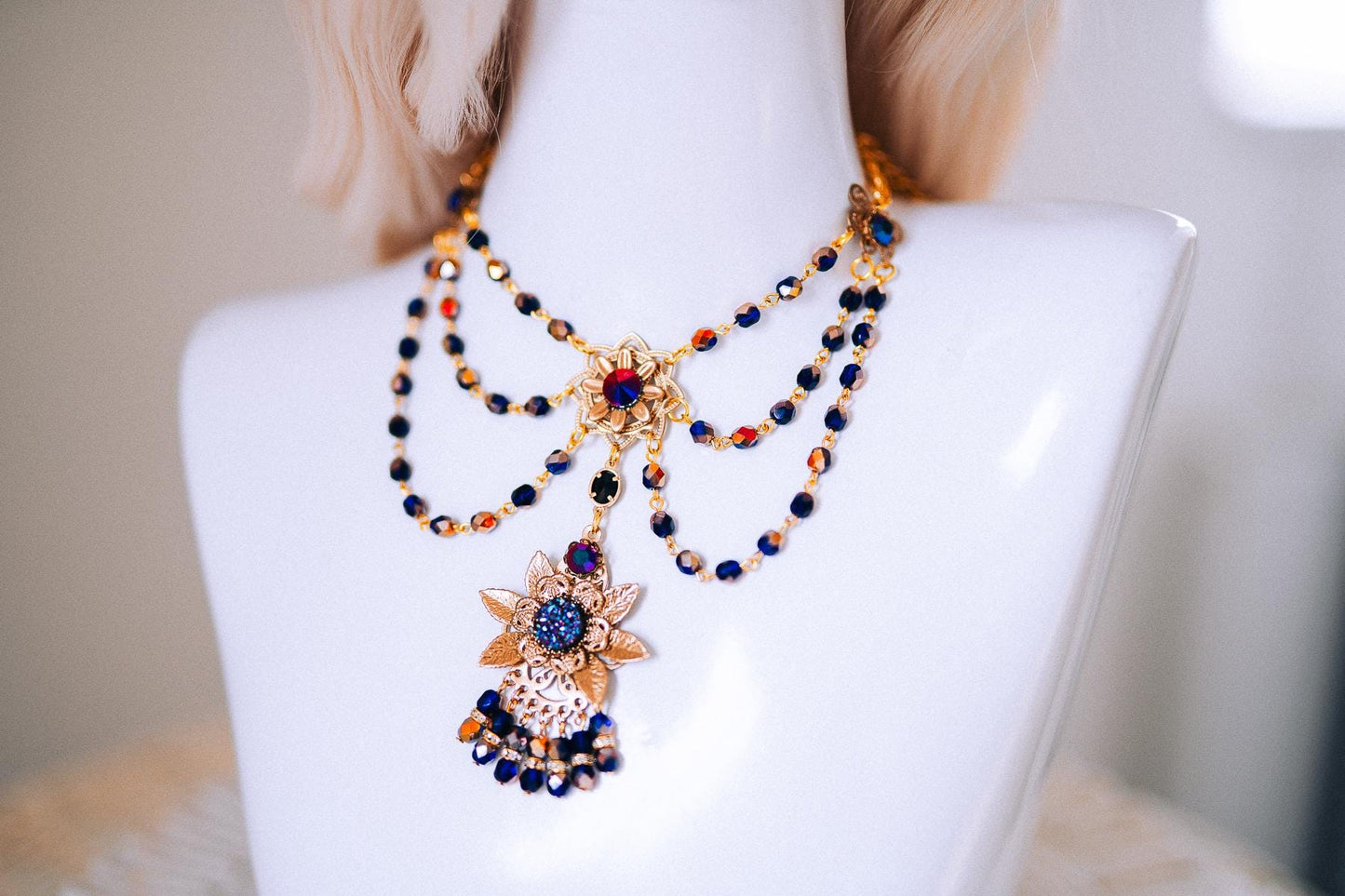 Sun Goddess Gold Statement Necklace Blue Crystal Festival Jewelry
