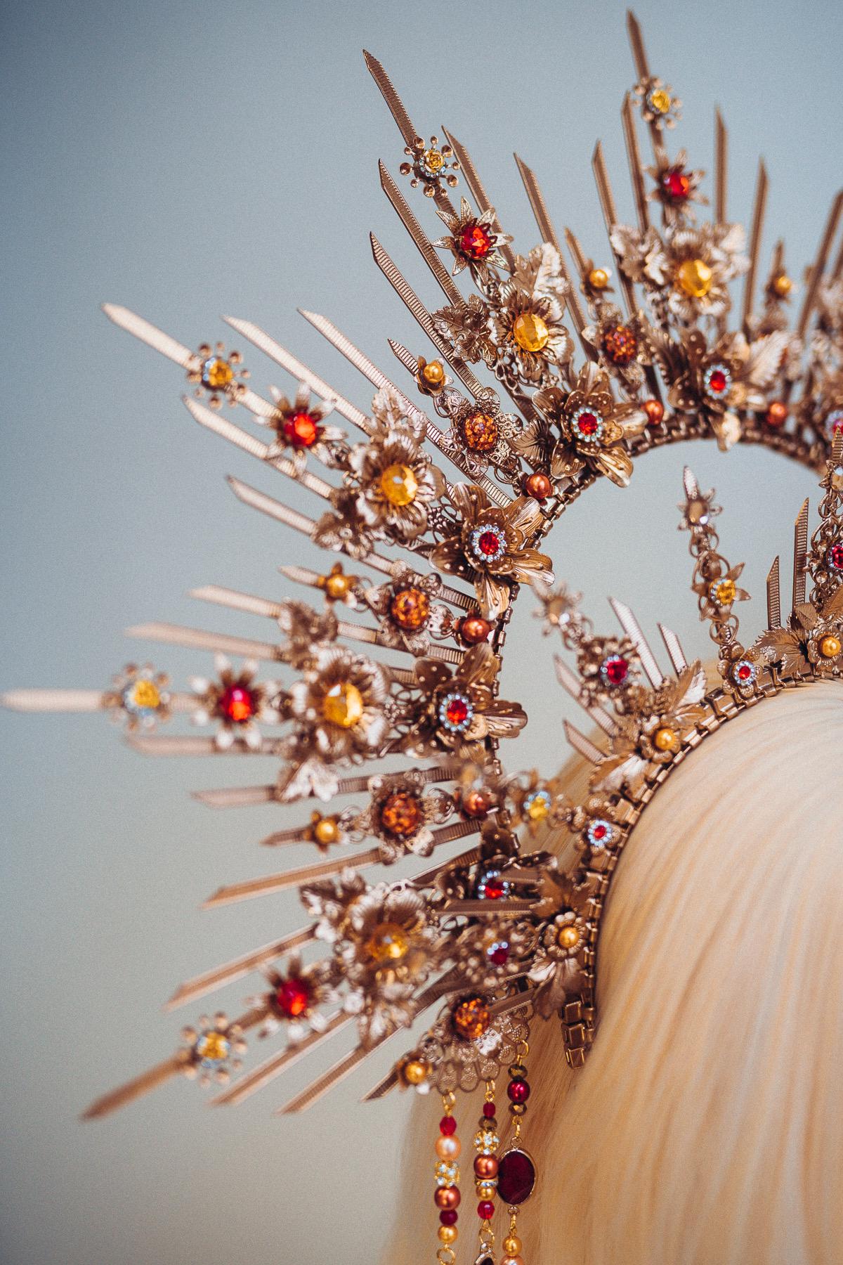 Crimson Floral Goddess Halo Crown Gold Sunray Headpiece Statement Bridal Crown