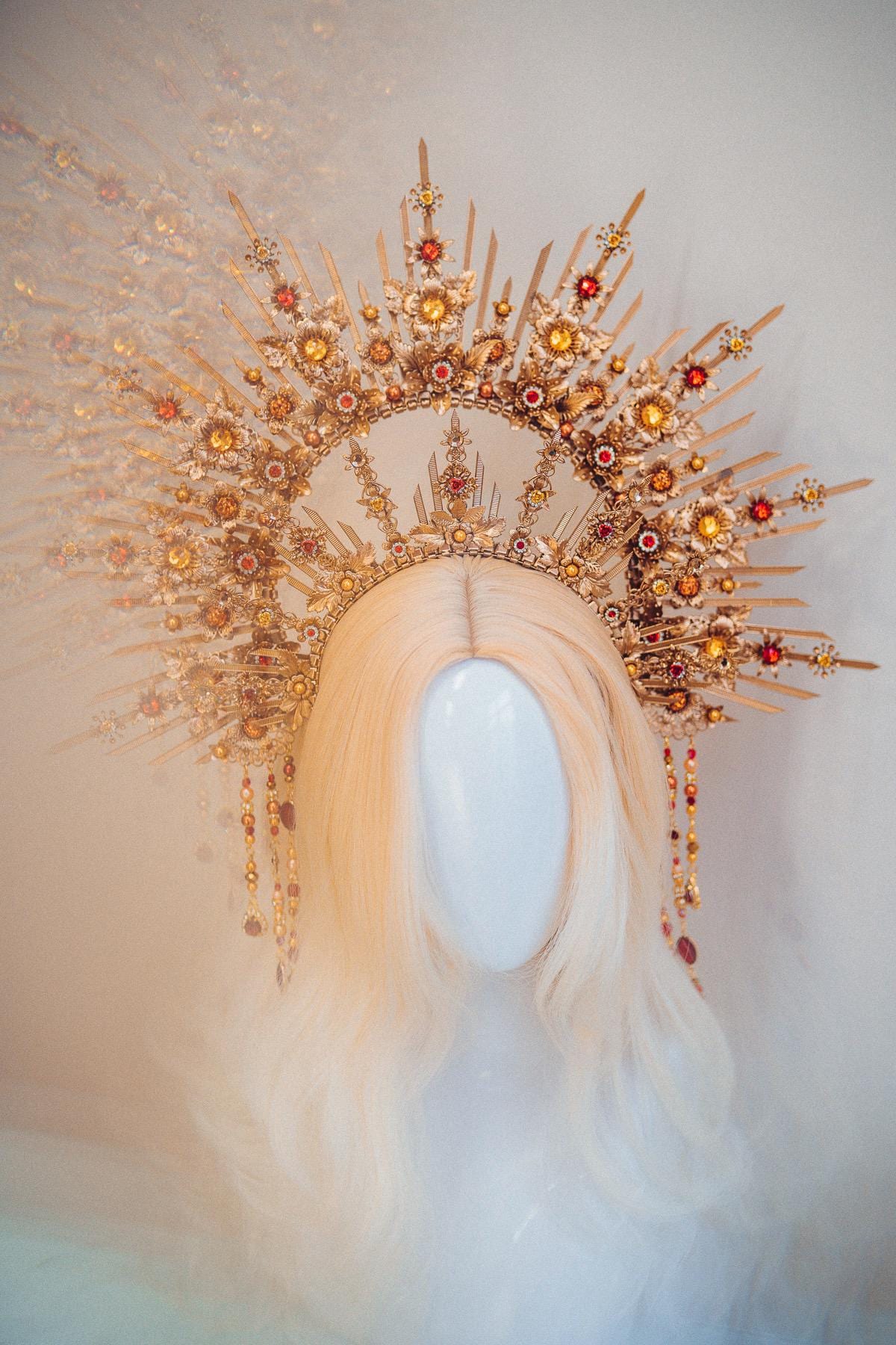 Crimson Floral Goddess Halo Crown Gold Sunray Headpiece Statement Bridal Crown