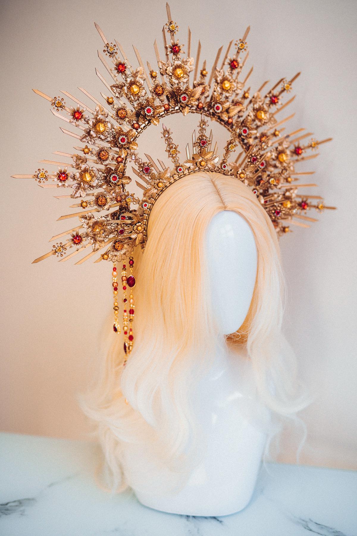 Crimson Floral Goddess Halo Crown Gold Sunray Headpiece Statement Bridal Crown
