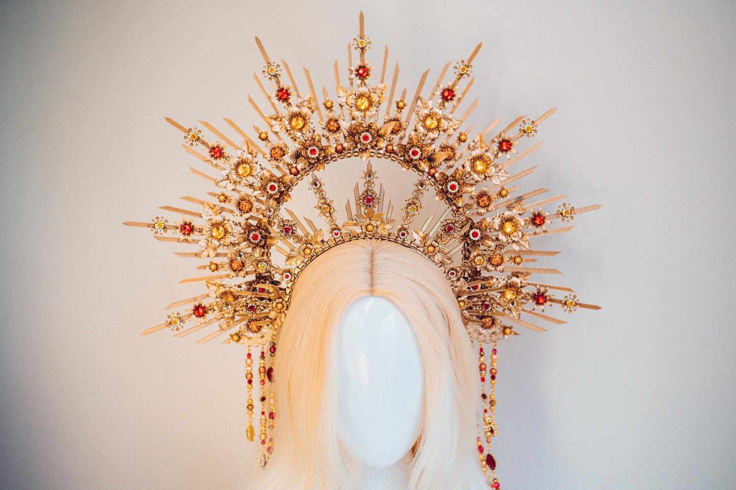 Crimson Floral Goddess Halo Crown Gold Sunray Headpiece Statement Bridal Crown