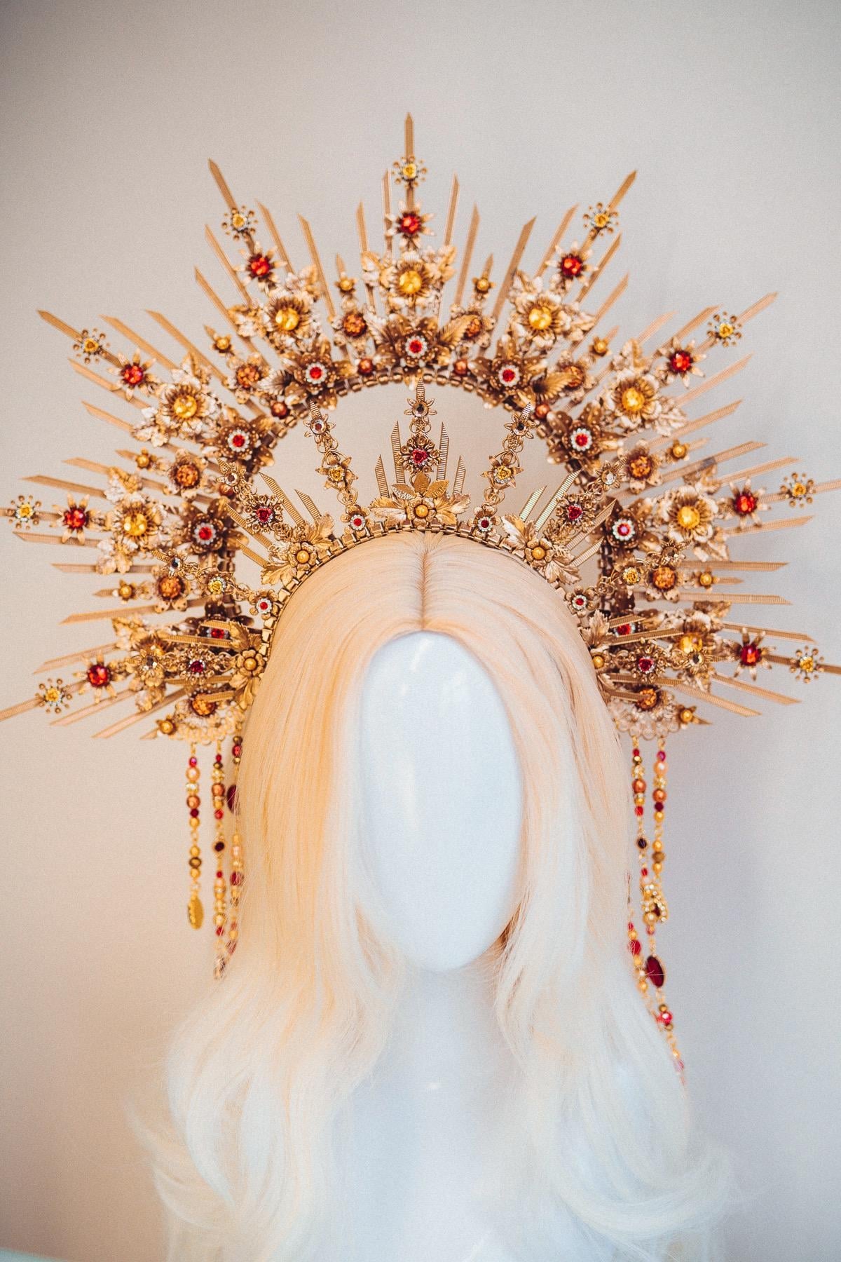 Crimson Floral Goddess Halo Crown Gold Sunray Headpiece Statement Bridal Crown