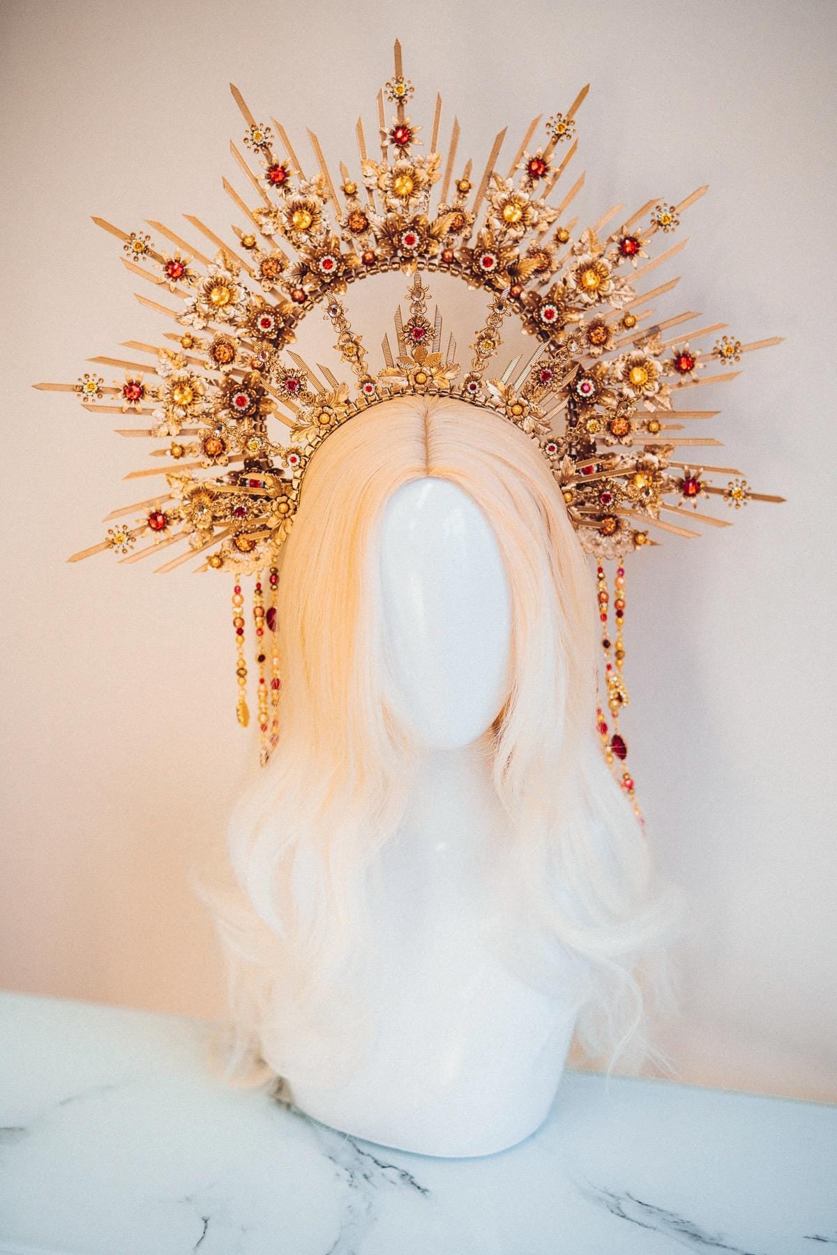 Crimson Floral Goddess Halo Crown Gold Sunray Headpiece Statement Bridal Crown