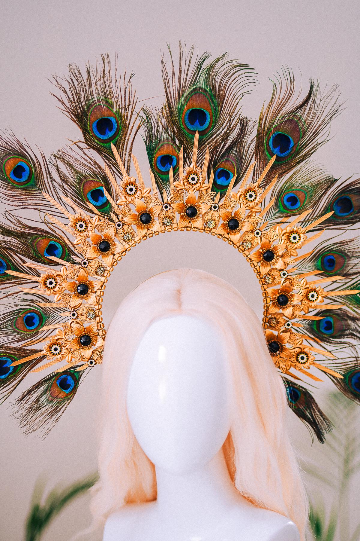 Peacock Feather Halo Crown Carnival Goddess Photoshoot Headpiece