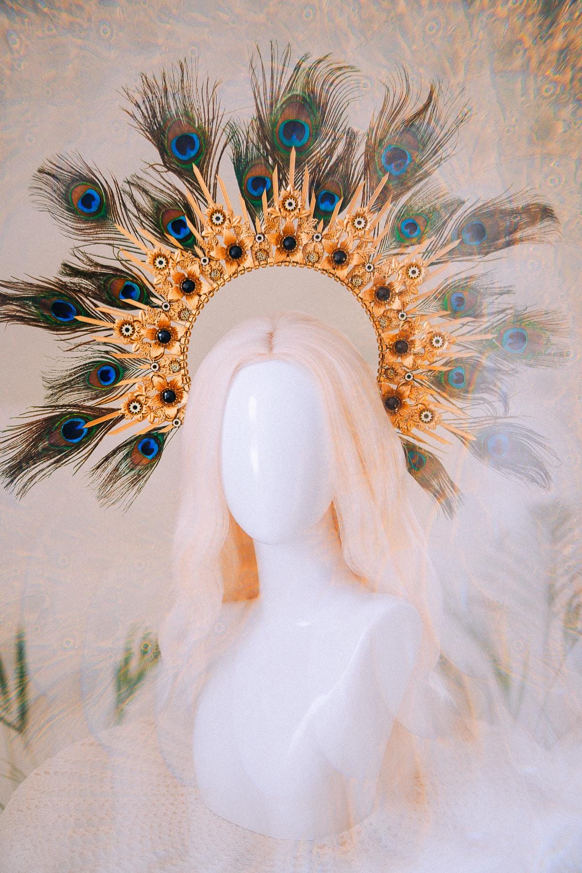 Peacock Feather Halo Crown Carnival Goddess Photoshoot Headpiece