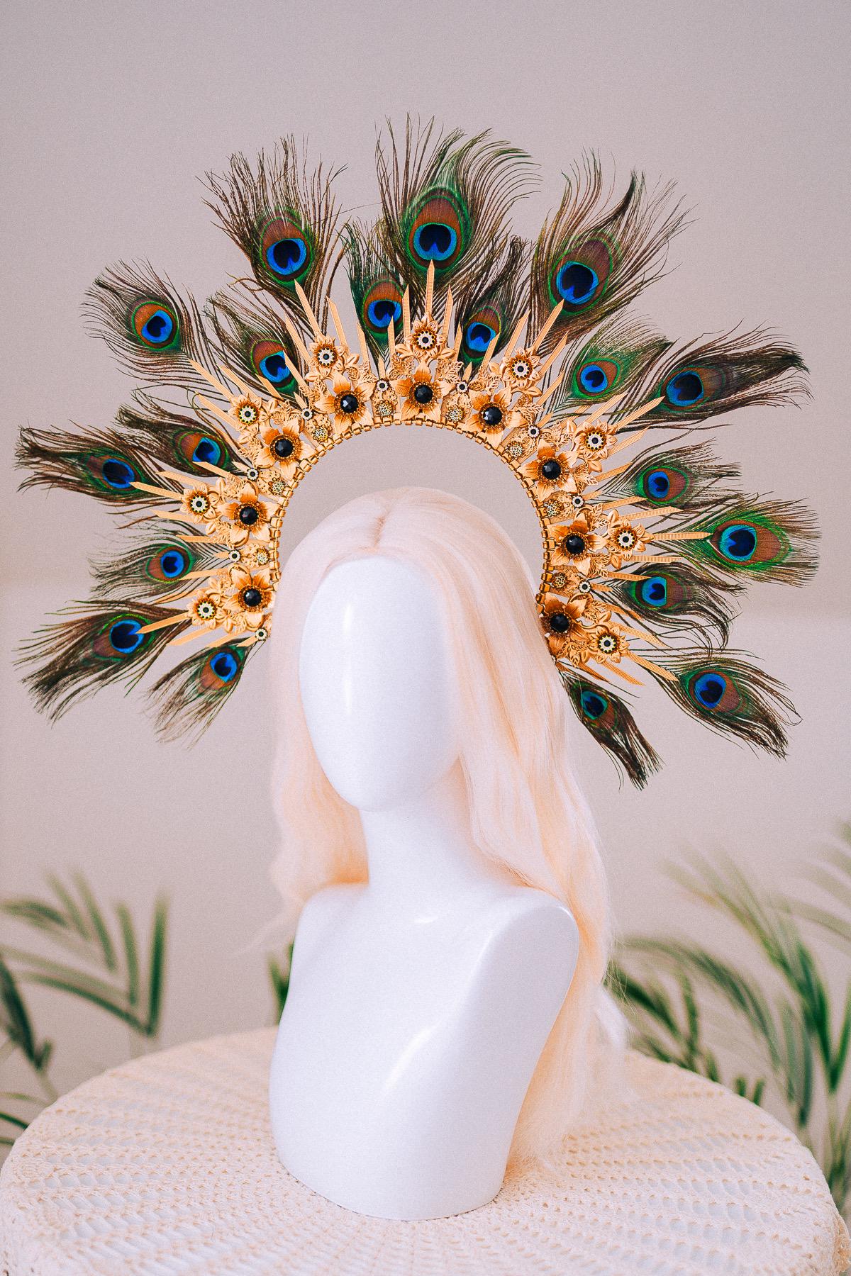 Peacock Feather Halo Crown Carnival Goddess Photoshoot Headpiece
