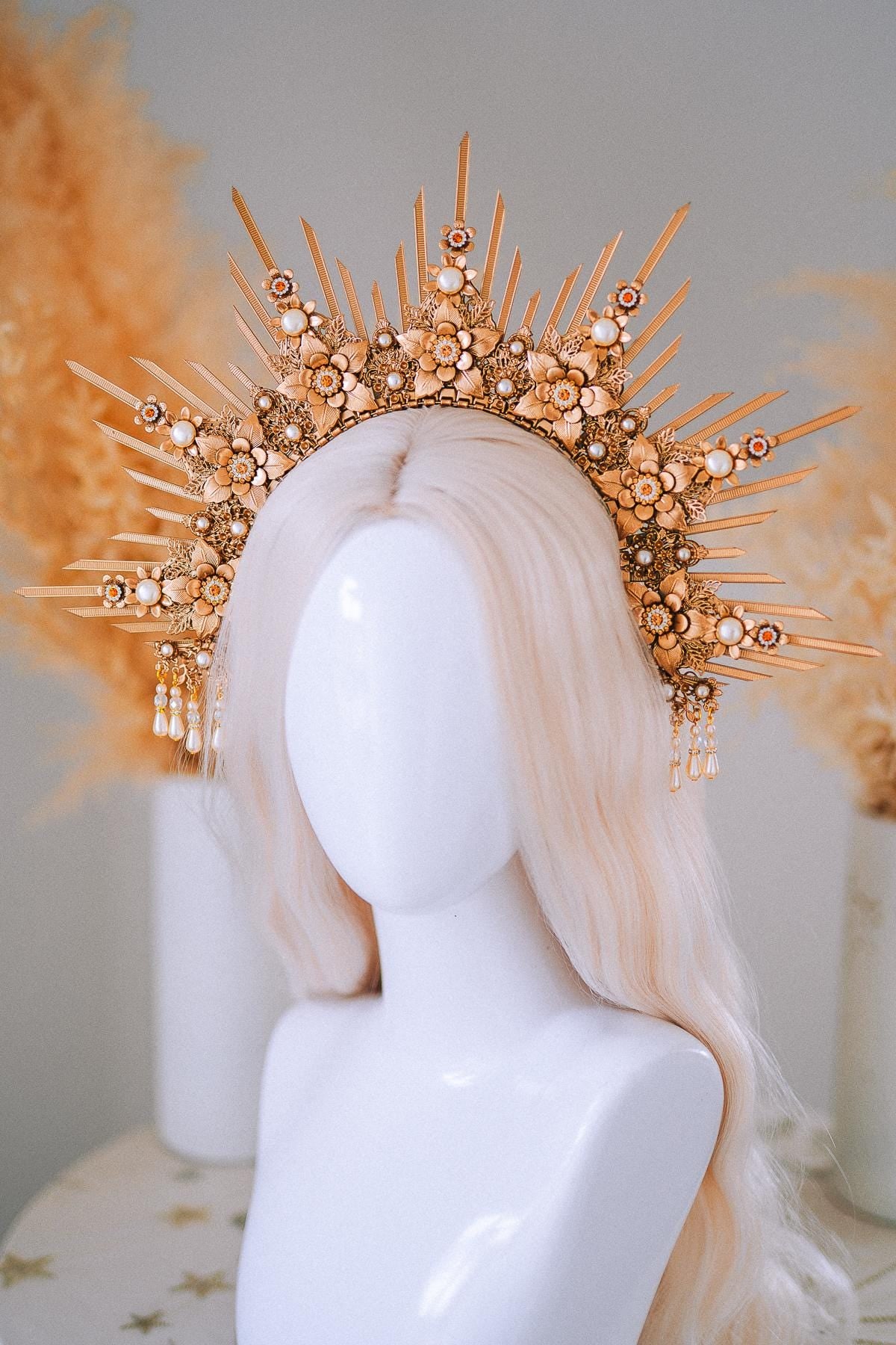Bridal Halo Crown Gold Goddess Headpiece Boho Wedding Crown