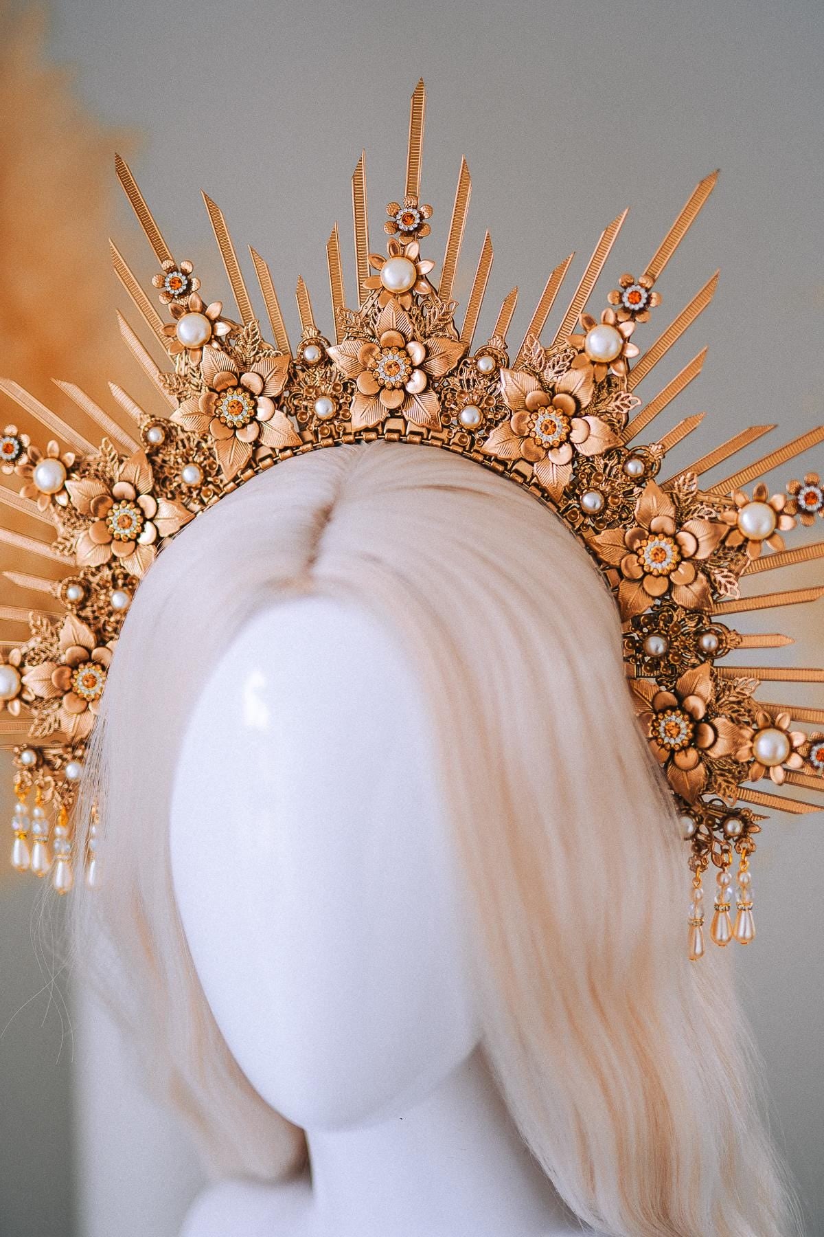 Bridal Halo Crown Gold Goddess Headpiece Boho Wedding Crown