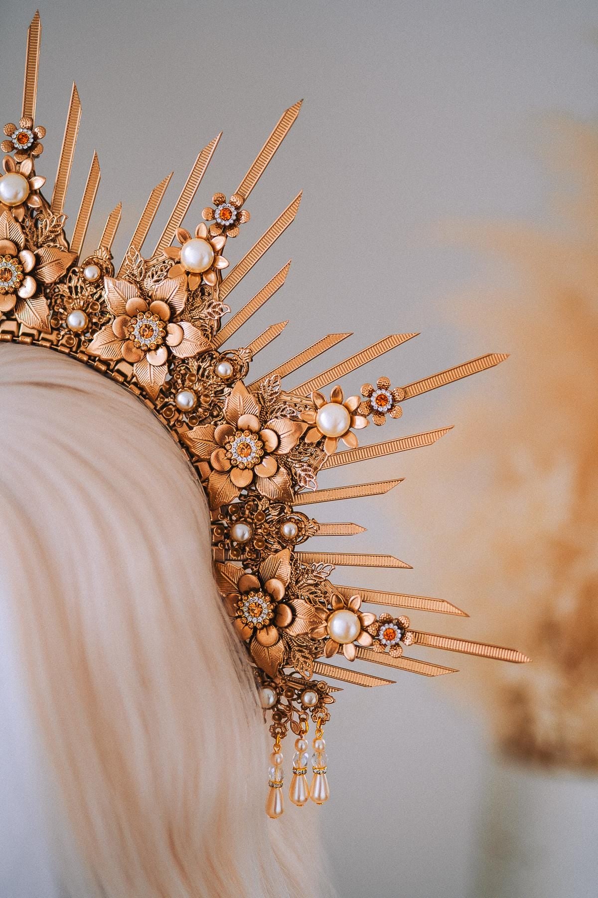 Bridal Halo Crown Gold Goddess Headpiece Boho Wedding Crown