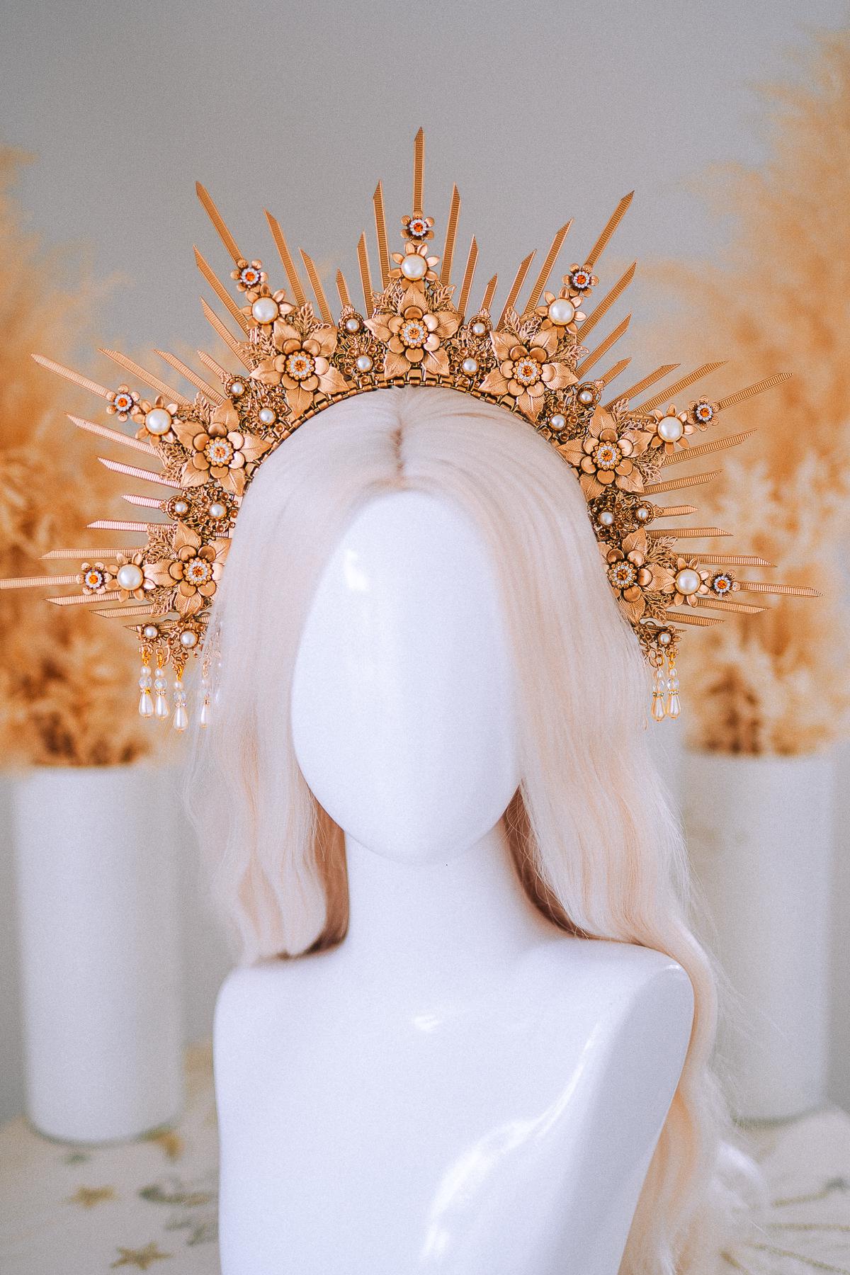Bridal Halo Crown Gold Goddess Headpiece Boho Wedding Crown