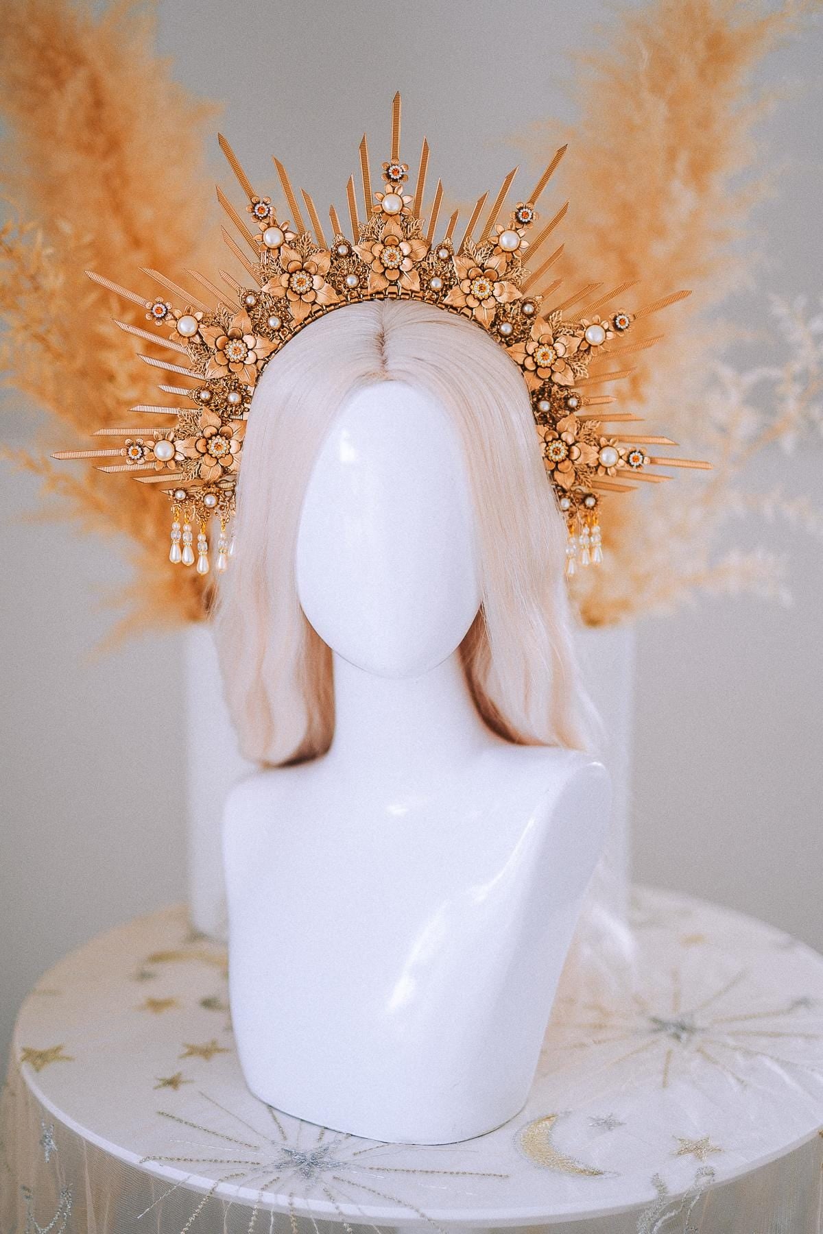 Bridal Halo Crown Gold Goddess Headpiece Boho Wedding Crown