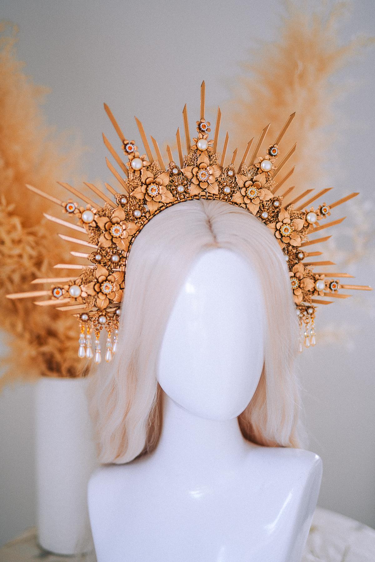 Bridal Halo Crown Gold Goddess Headpiece Boho Wedding Crown