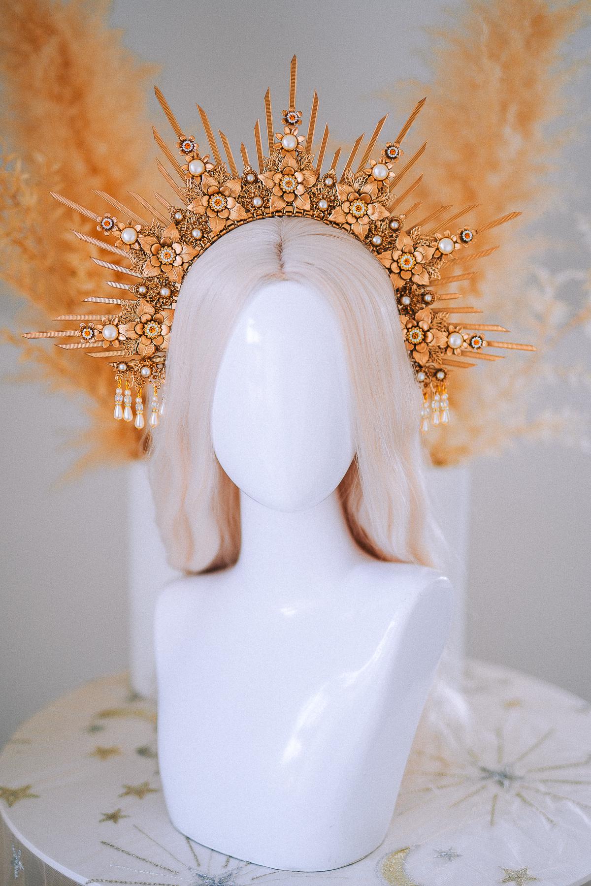 Bridal Halo Crown Gold Goddess Headpiece Boho Wedding Crown