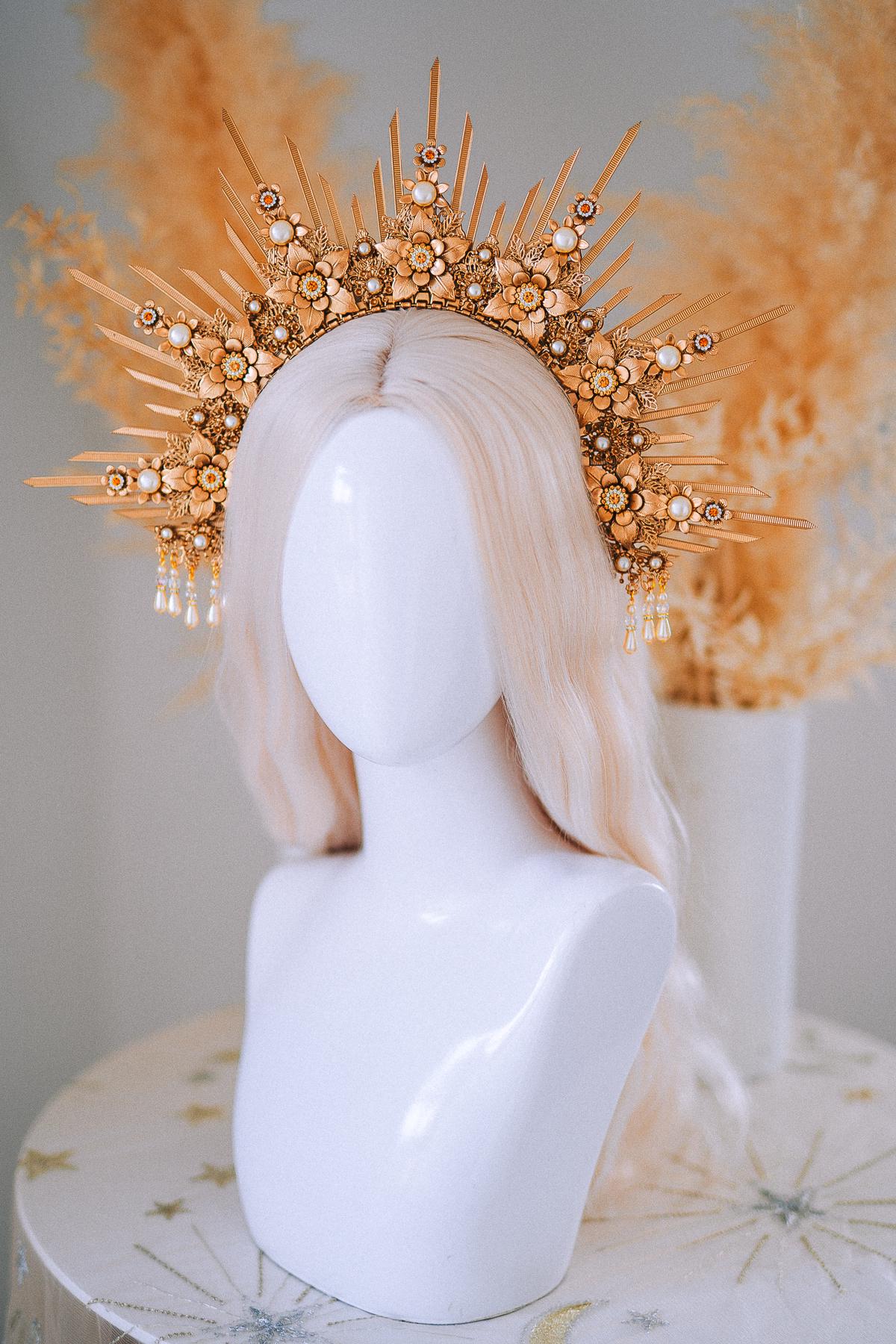 Bridal Halo Crown Gold Goddess Headpiece Boho Wedding Crown