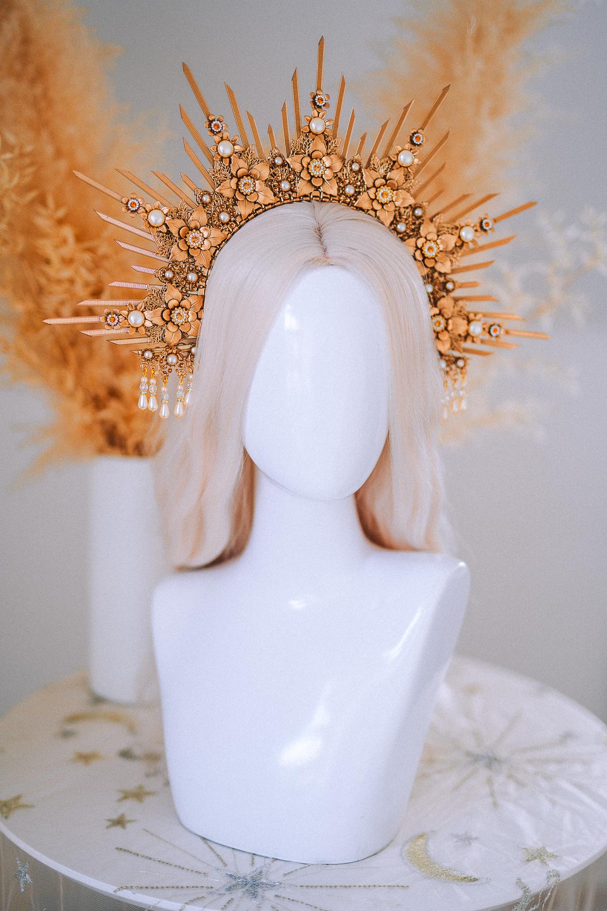 Bridal Halo Crown Gold Goddess Headpiece Boho Wedding Crown