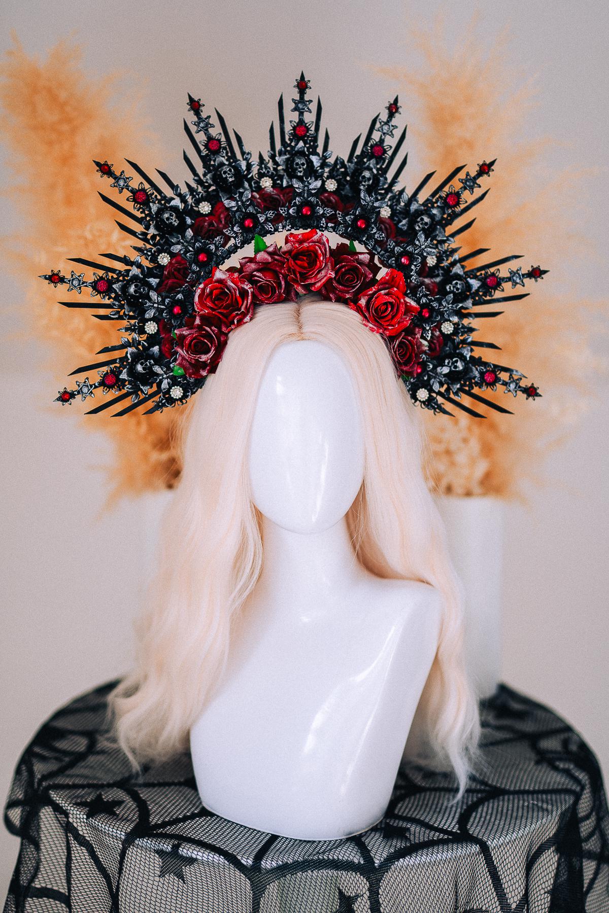 Gothic Morticia Addams Crown Black Red Gold Dark Queen Headpiece Halloween Costume