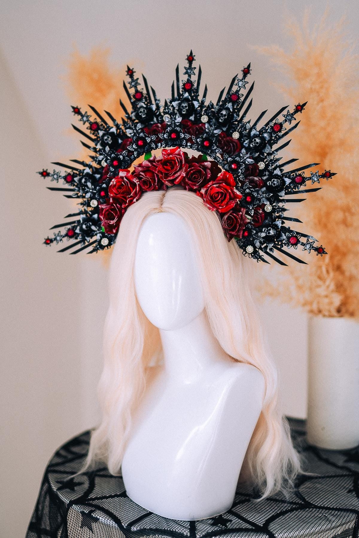 Gothic Morticia Addams Crown Black Red Gold Dark Queen Headpiece Halloween Costume