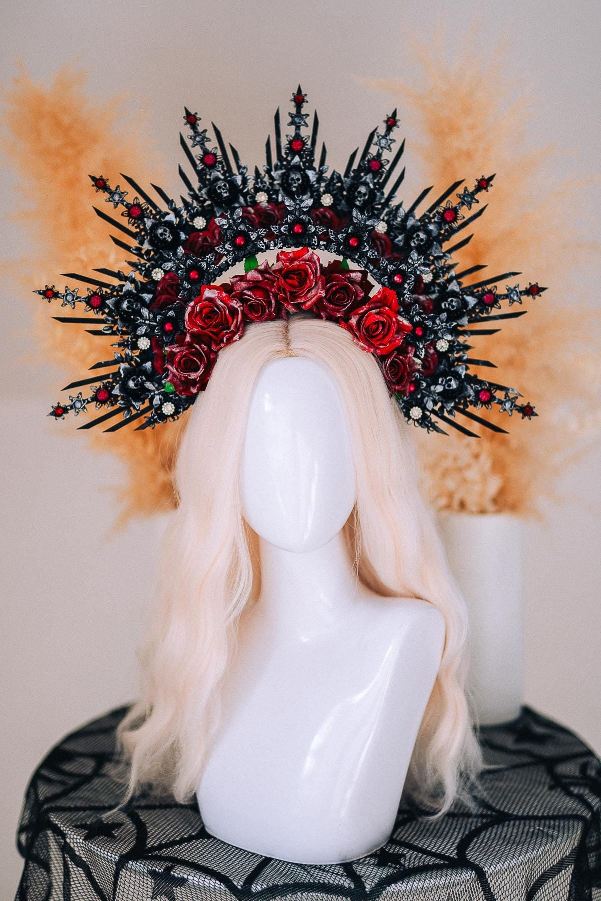 Gothic Morticia Addams Crown Black Red Gold Dark Queen Headpiece Halloween Costume