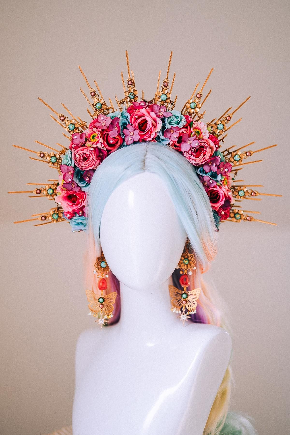 Butterfly Floral Halo Crown Gold Flower Goddess Headpiece Festival Wedding Statement Crown