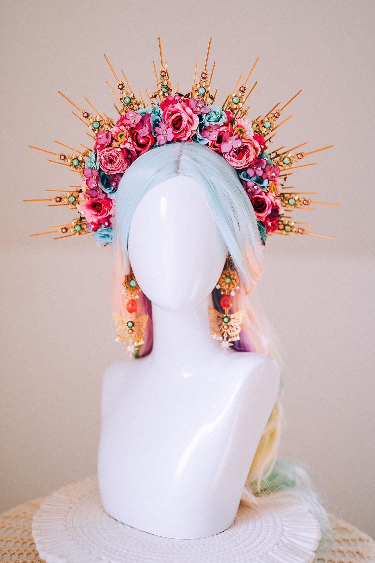 Butterfly Floral Halo Crown Gold Flower Goddess Headpiece Festival Wedding Statement Crown