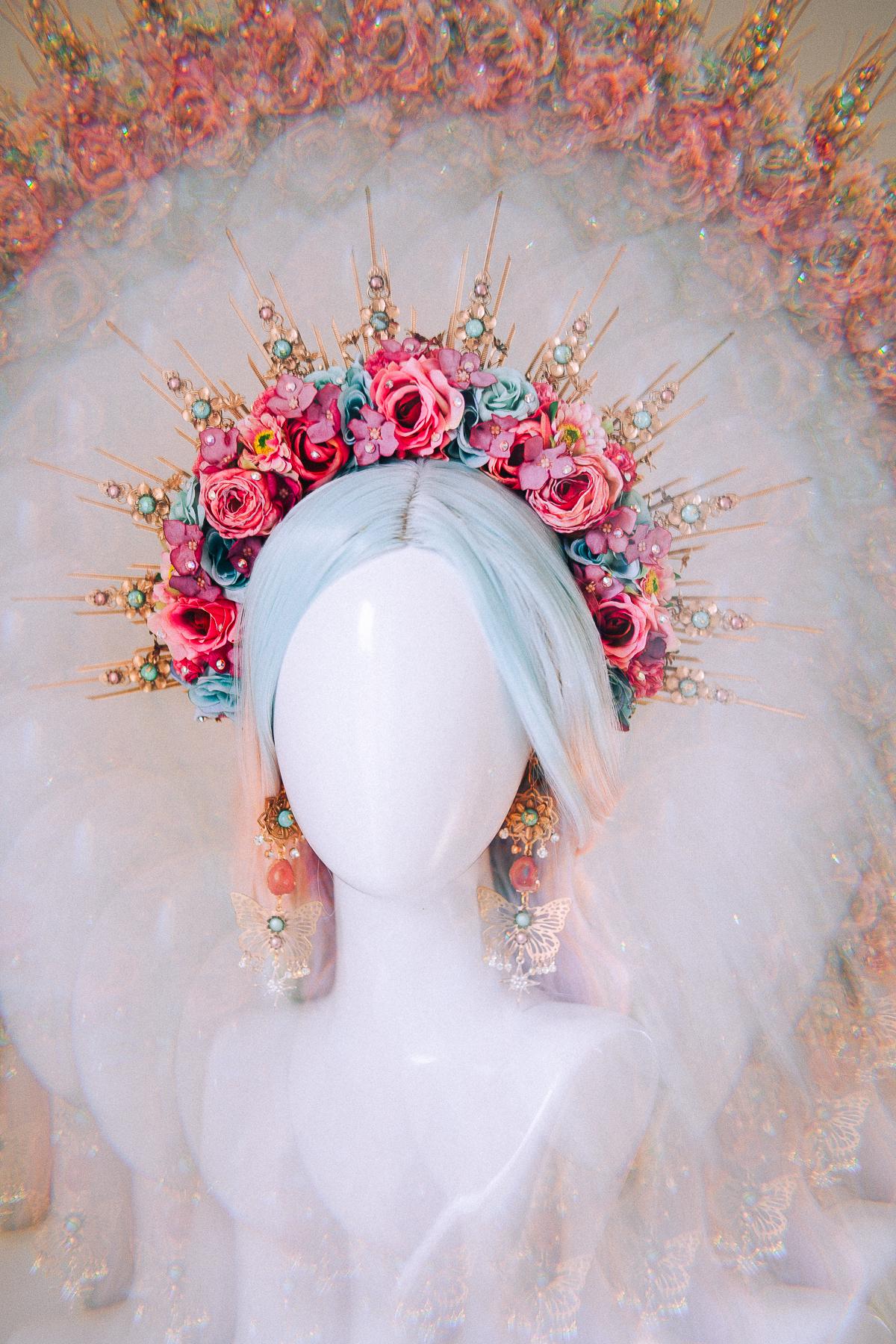 Butterfly Floral Halo Crown Gold Flower Goddess Headpiece Festival Wedding Statement Crown