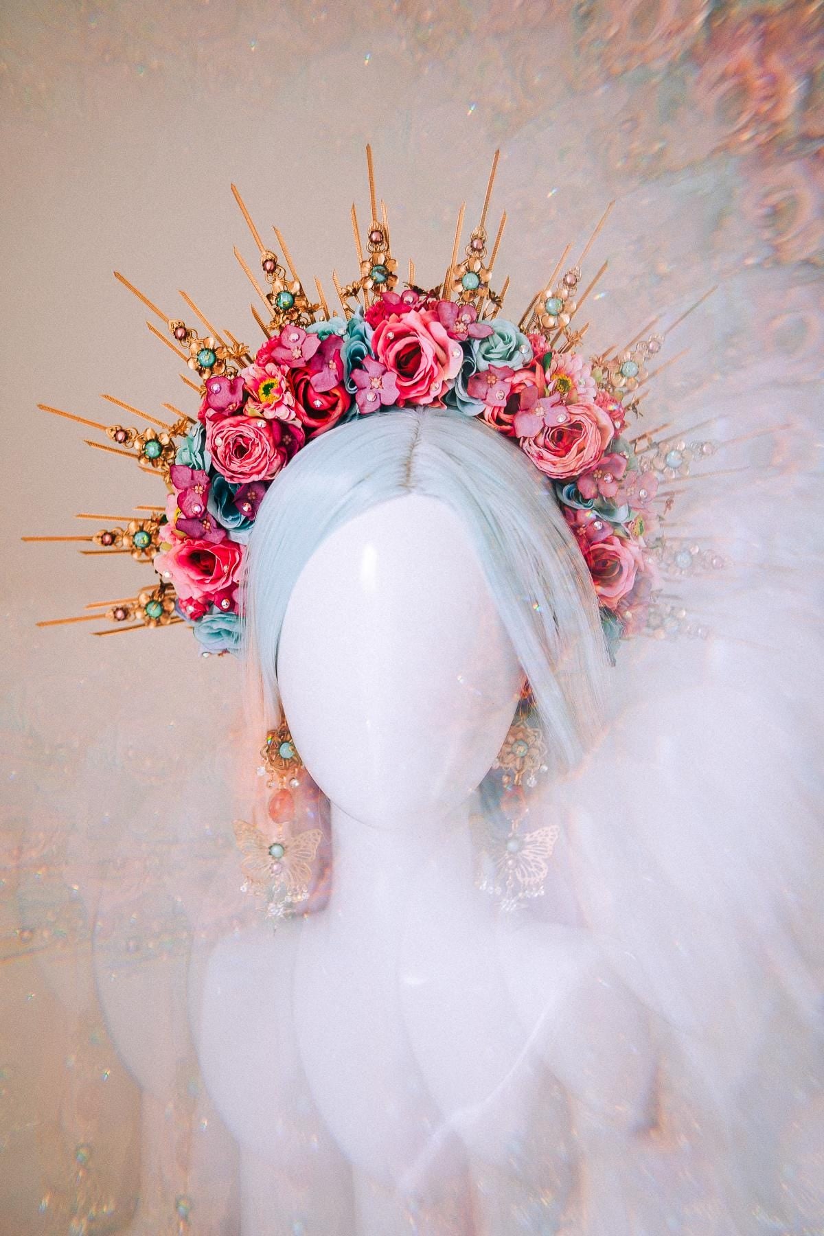 Butterfly Floral Halo Crown Gold Flower Goddess Headpiece Festival Wedding Statement Crown