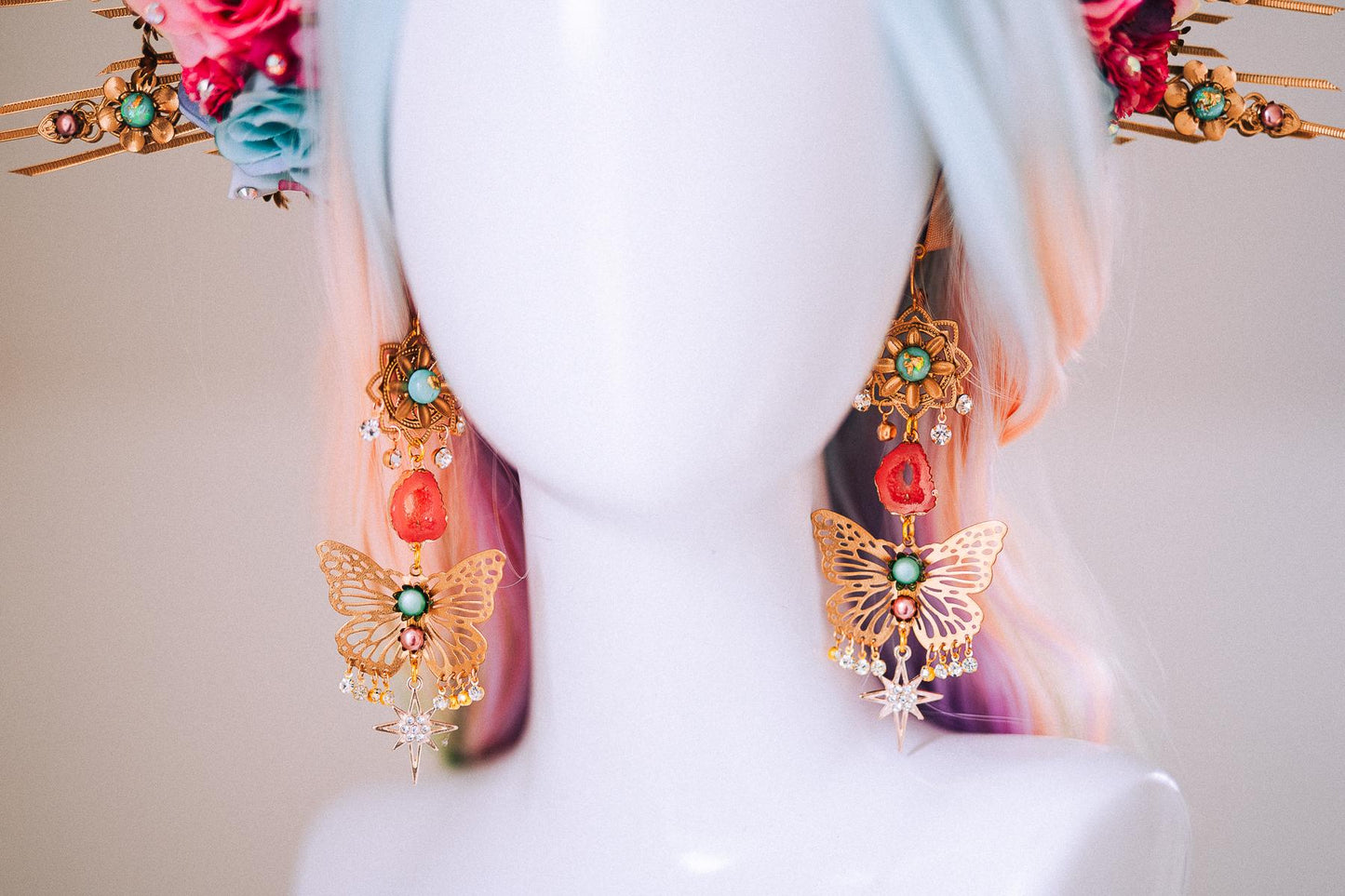 Butterfly Statement Earrings Gold Crystal Masquerade Festival Jewelry