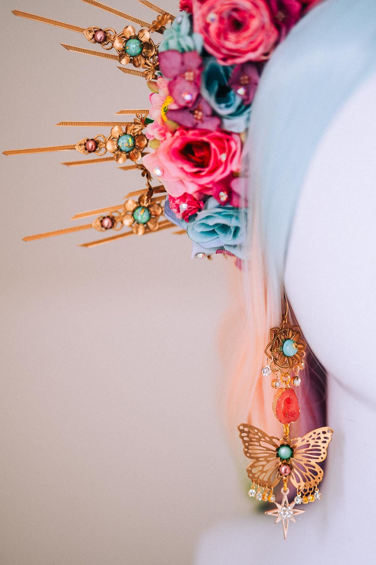 Butterfly Statement Earrings Gold Crystal Masquerade Festival Jewelry