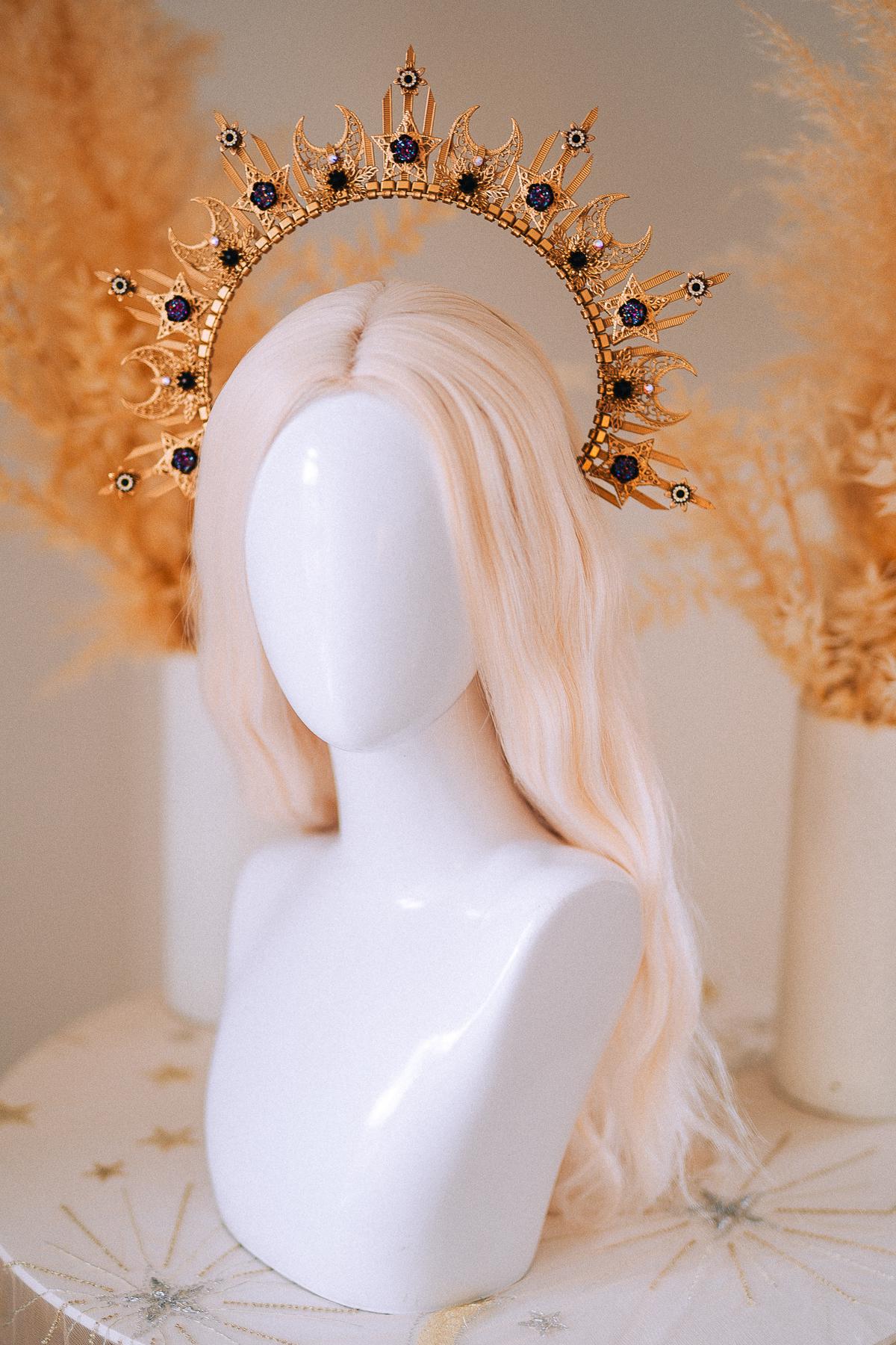 Gold Peacock Halo Crown Masquerade Set Venetian Mask Crown Black Crystal Costume Headpiece