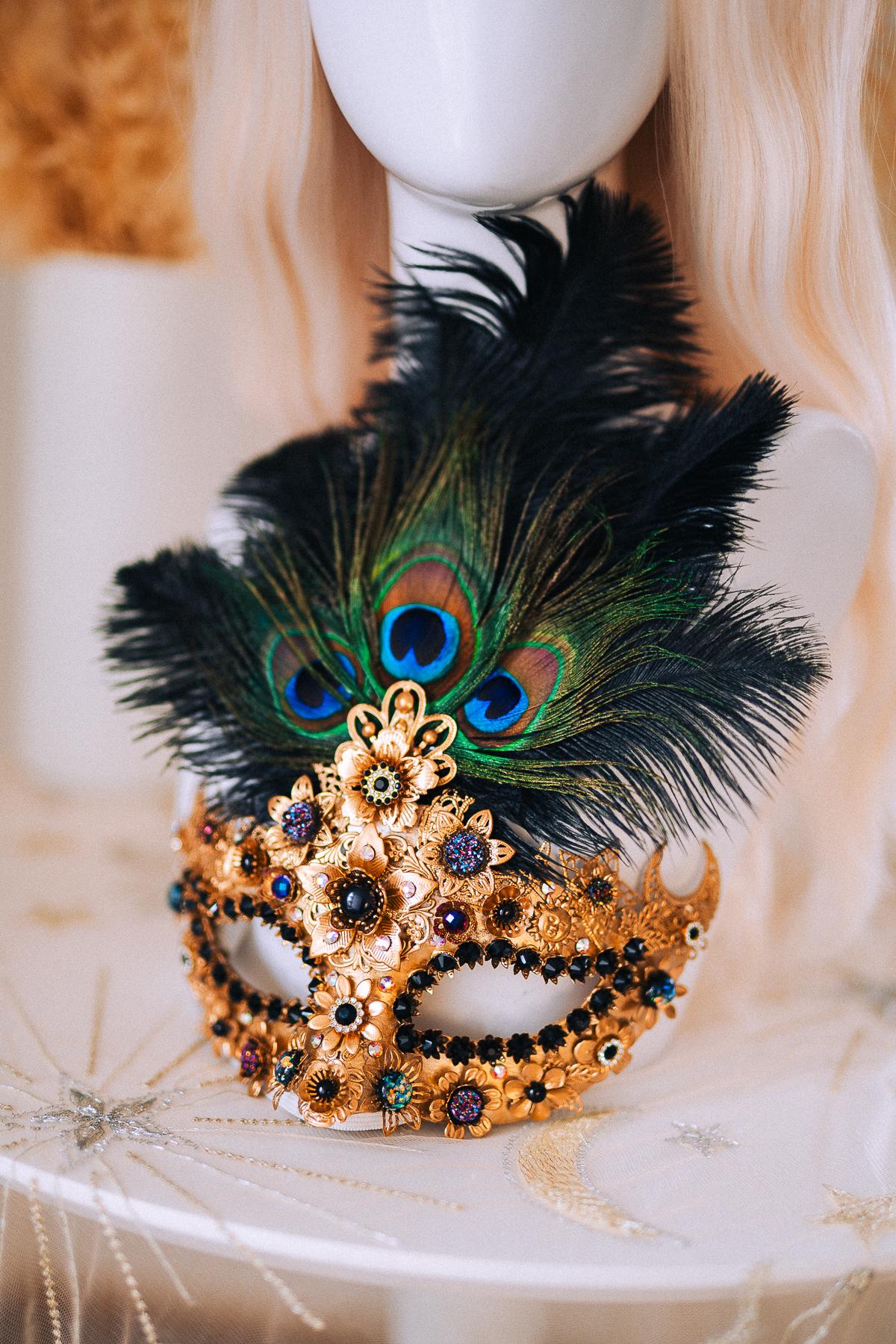Gold Peacock Halo Crown Masquerade Set Venetian Mask Crown Black Crystal Costume Headpiece