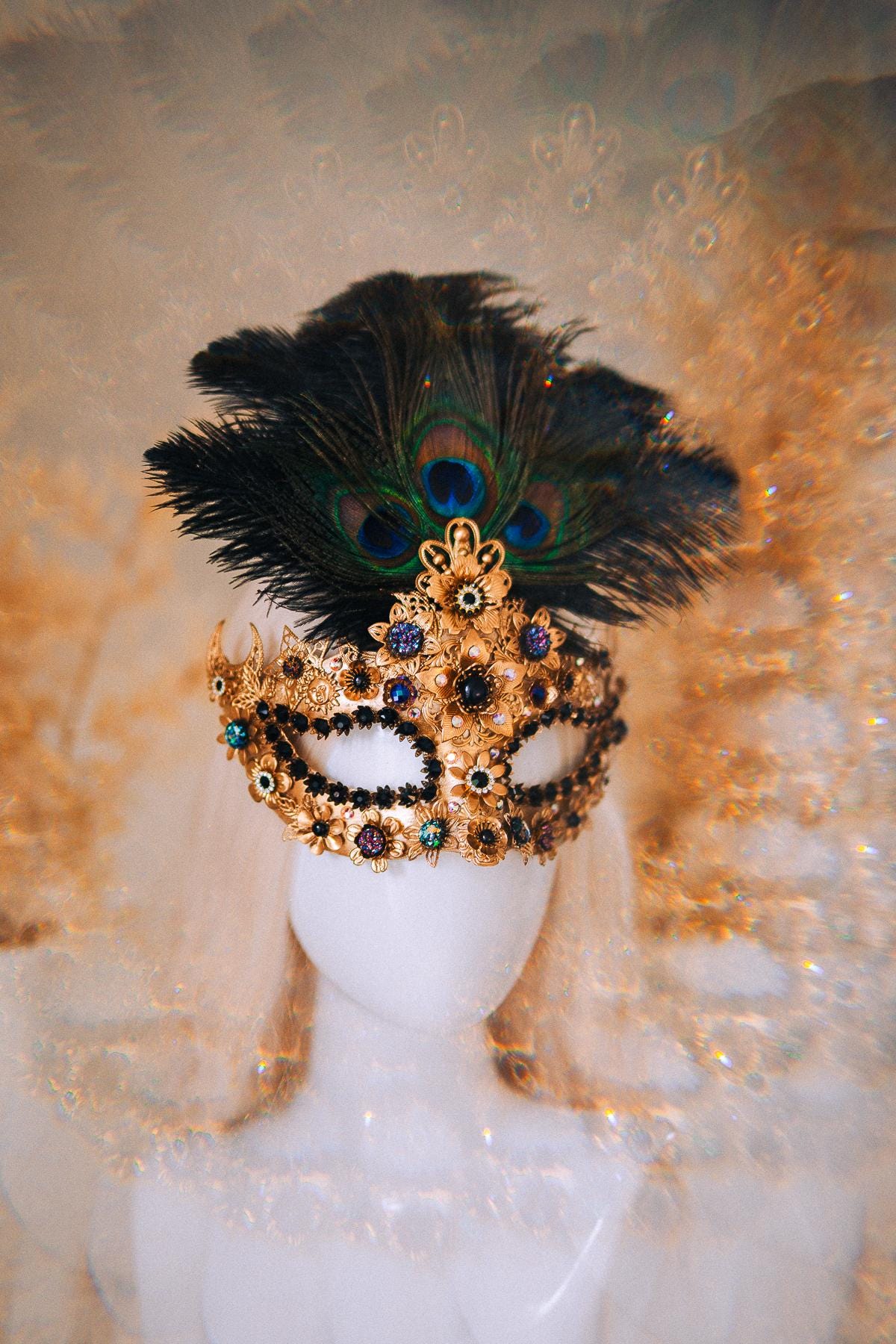 Gold Peacock Halo Crown Masquerade Set Venetian Mask Crown Black Crystal Costume Headpiece
