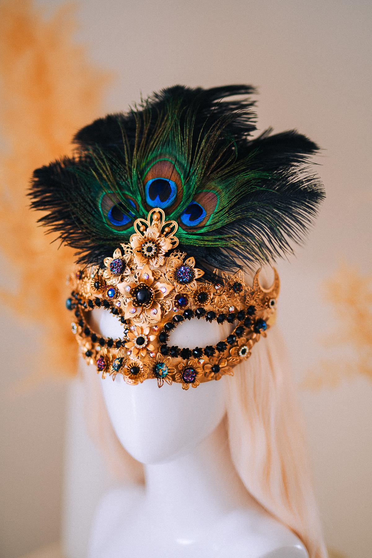 Gold Peacock Halo Crown Masquerade Set Venetian Mask Crown Black Crystal Costume Headpiece