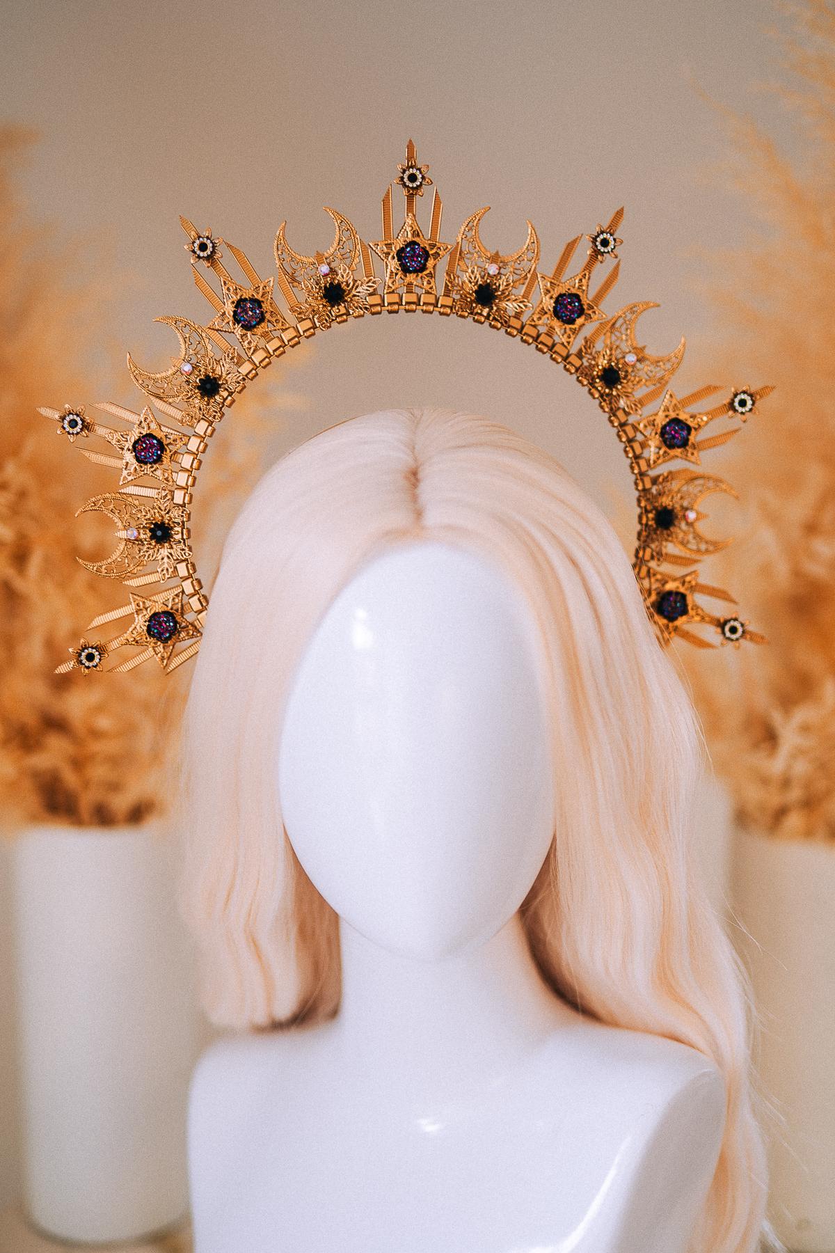 Gold Peacock Halo Crown Masquerade Set Venetian Mask Crown Black Crystal Costume Headpiece