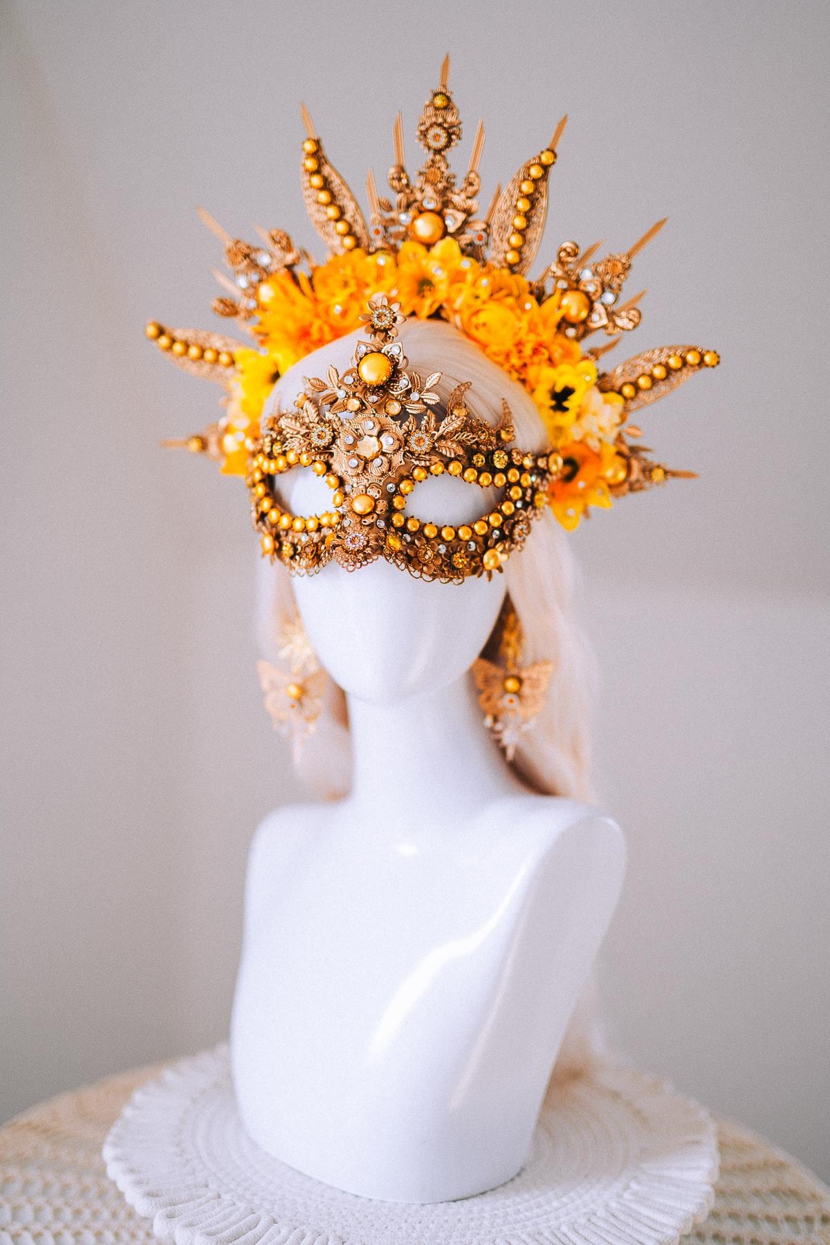Sun Goddess Halo Crown Gold Floral Sunburst Festival Headpiece
