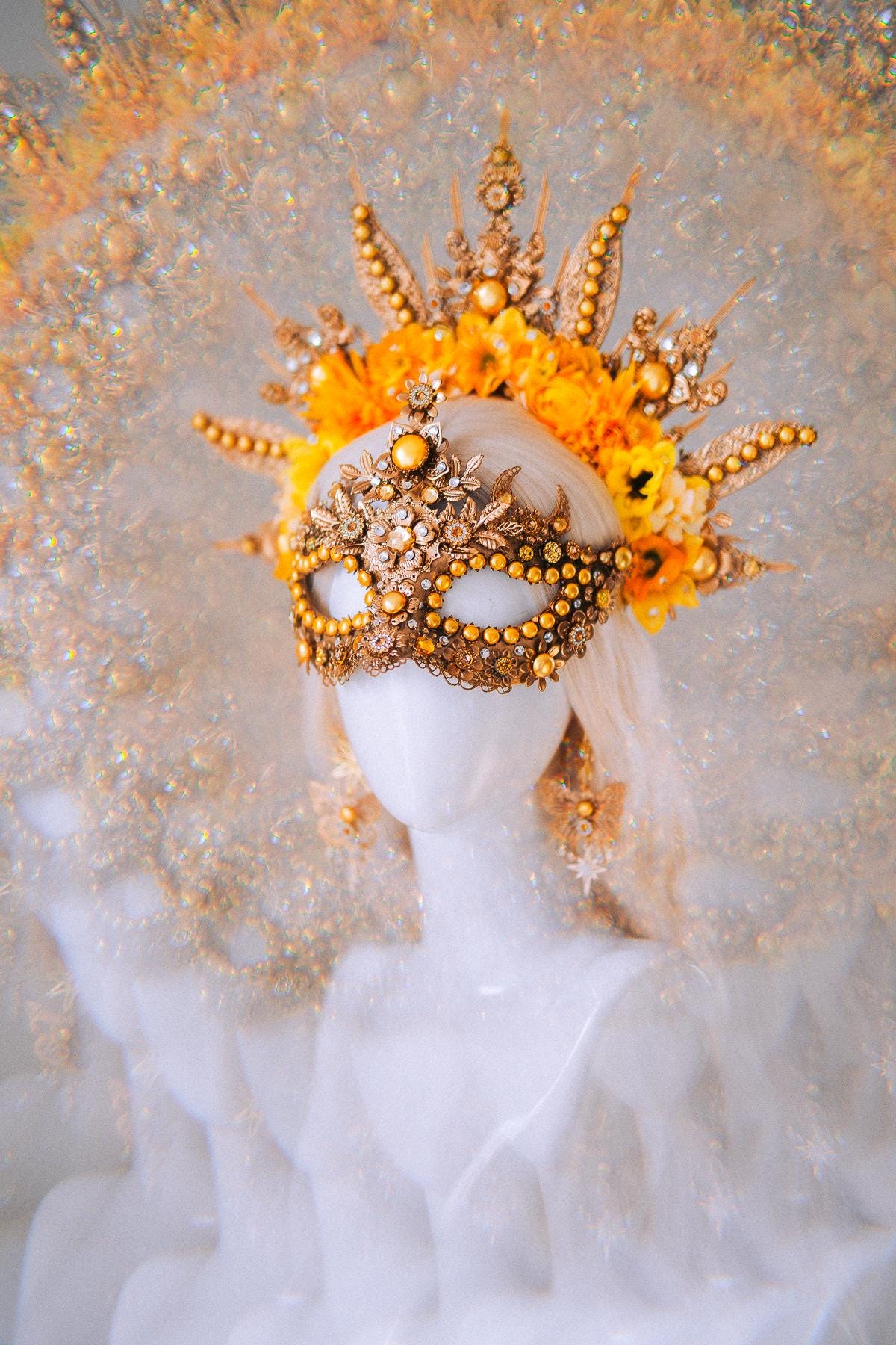 Sun Goddess Halo Crown Gold Floral Sunburst Festival Headpiece