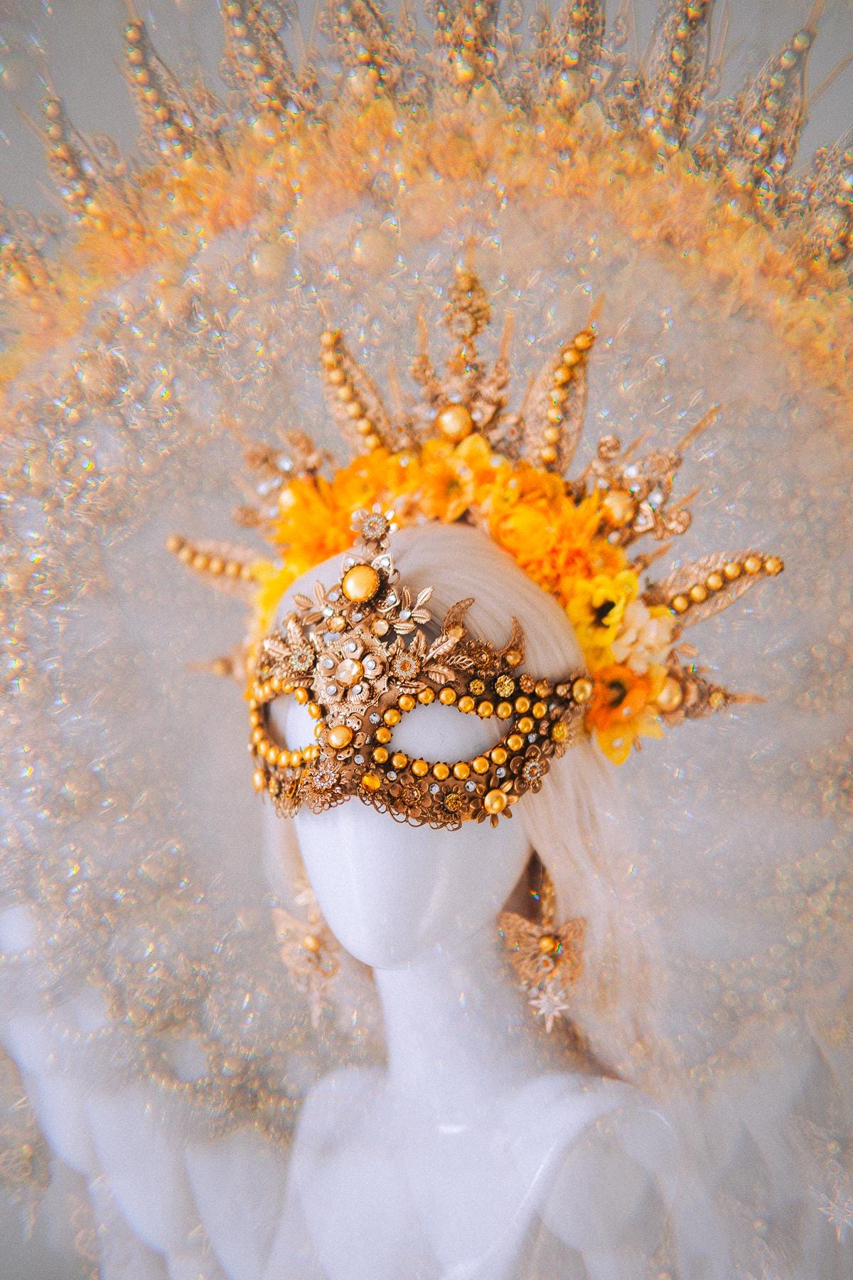 Sun Goddess Halo Crown Gold Floral Sunburst Festival Headpiece