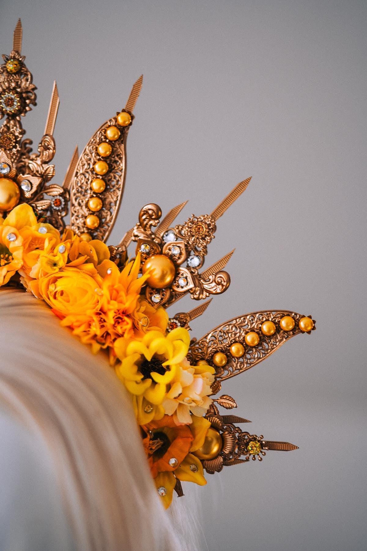 Sun Goddess Halo Crown Gold Floral Sunburst Festival Headpiece