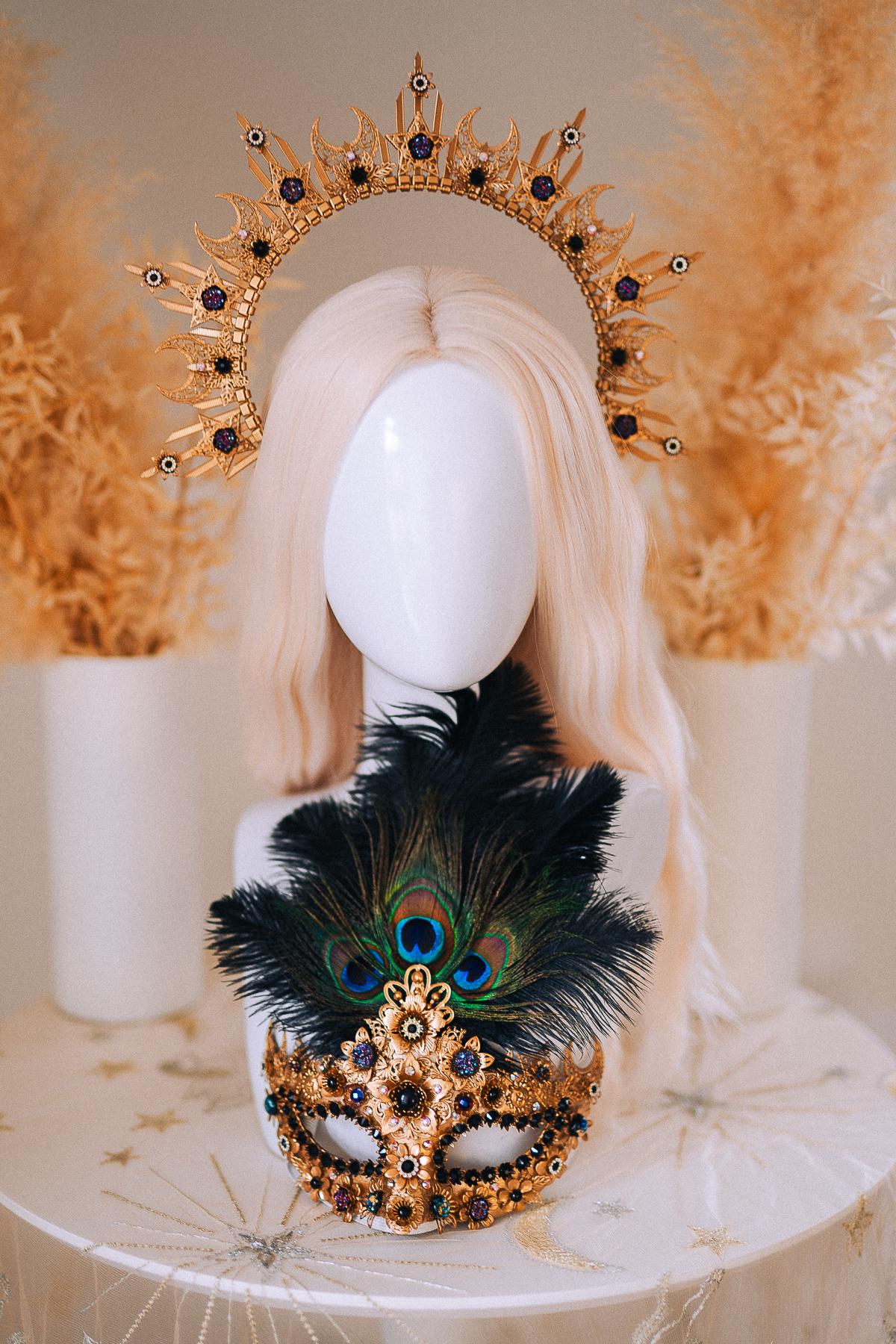Gold Peacock Halo Crown Masquerade Set Venetian Mask Crown Black Crystal Costume Headpiece