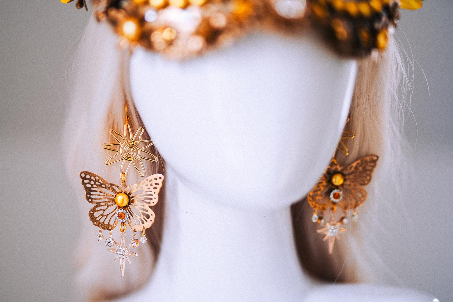 Sun Goddess Butterfly Earrings Gold Crystal Statement Festival Jewelry