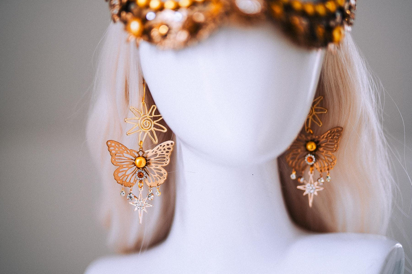 Sun Goddess Butterfly Earrings Gold Crystal Statement Festival Jewelry
