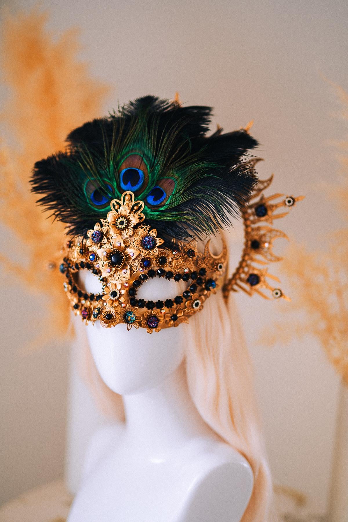 Gold Peacock Masquerade Mask: Venetian Feather Crystal Costume Accessory