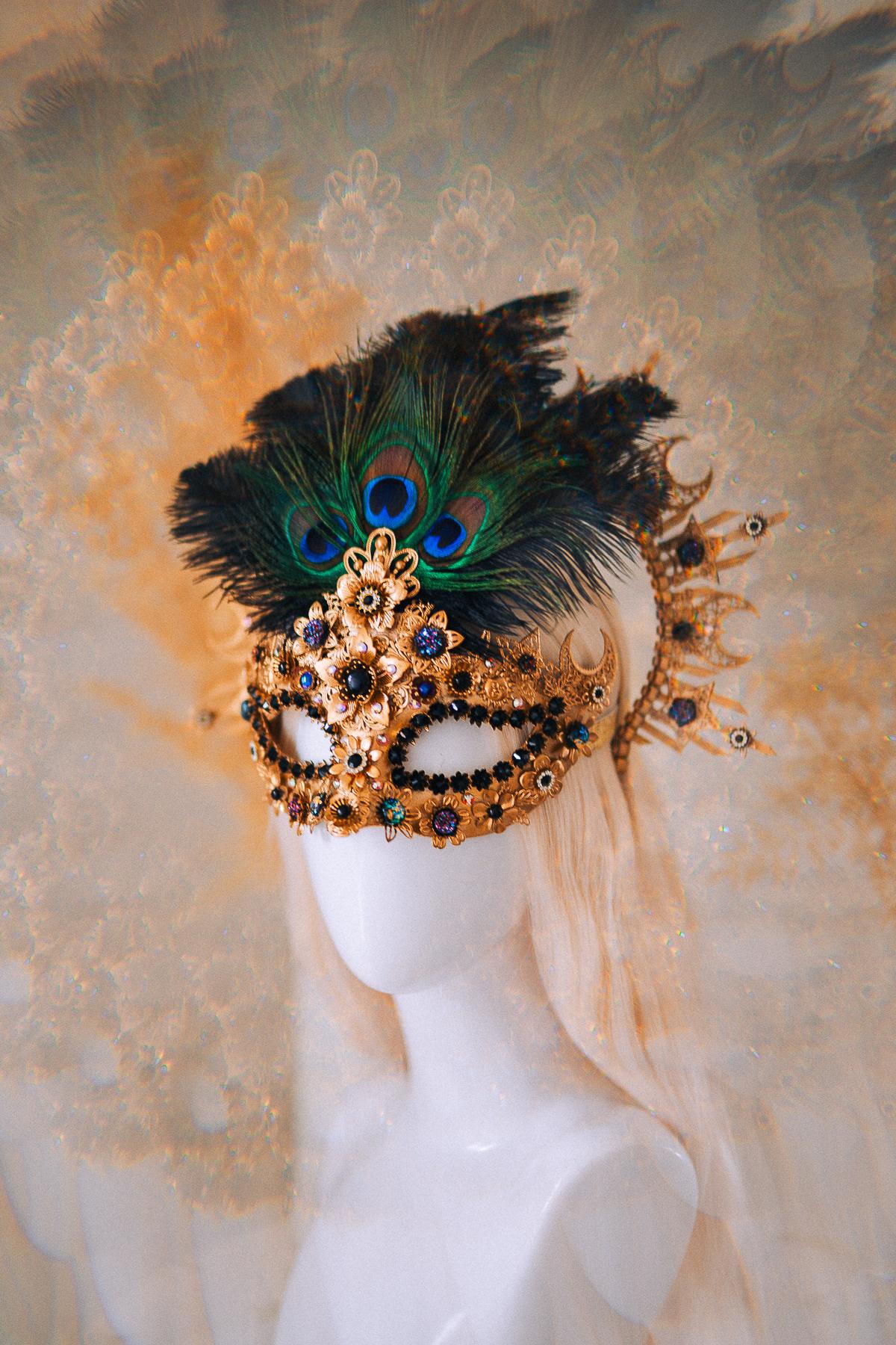 Gold Peacock Masquerade Mask: Venetian Feather Crystal Costume Accessory