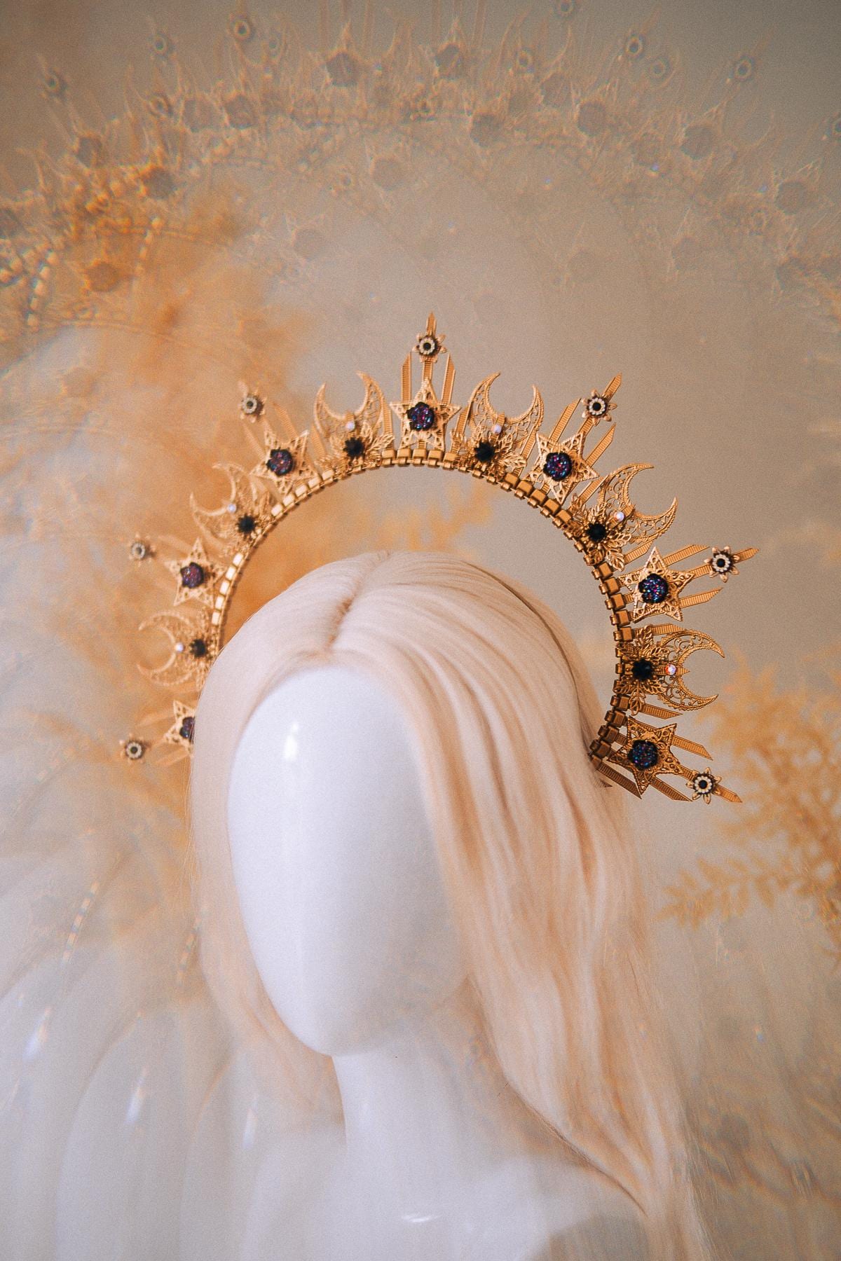 Gold Peacock Masquerade Mask: Venetian Feather Crystal Costume Accessory
