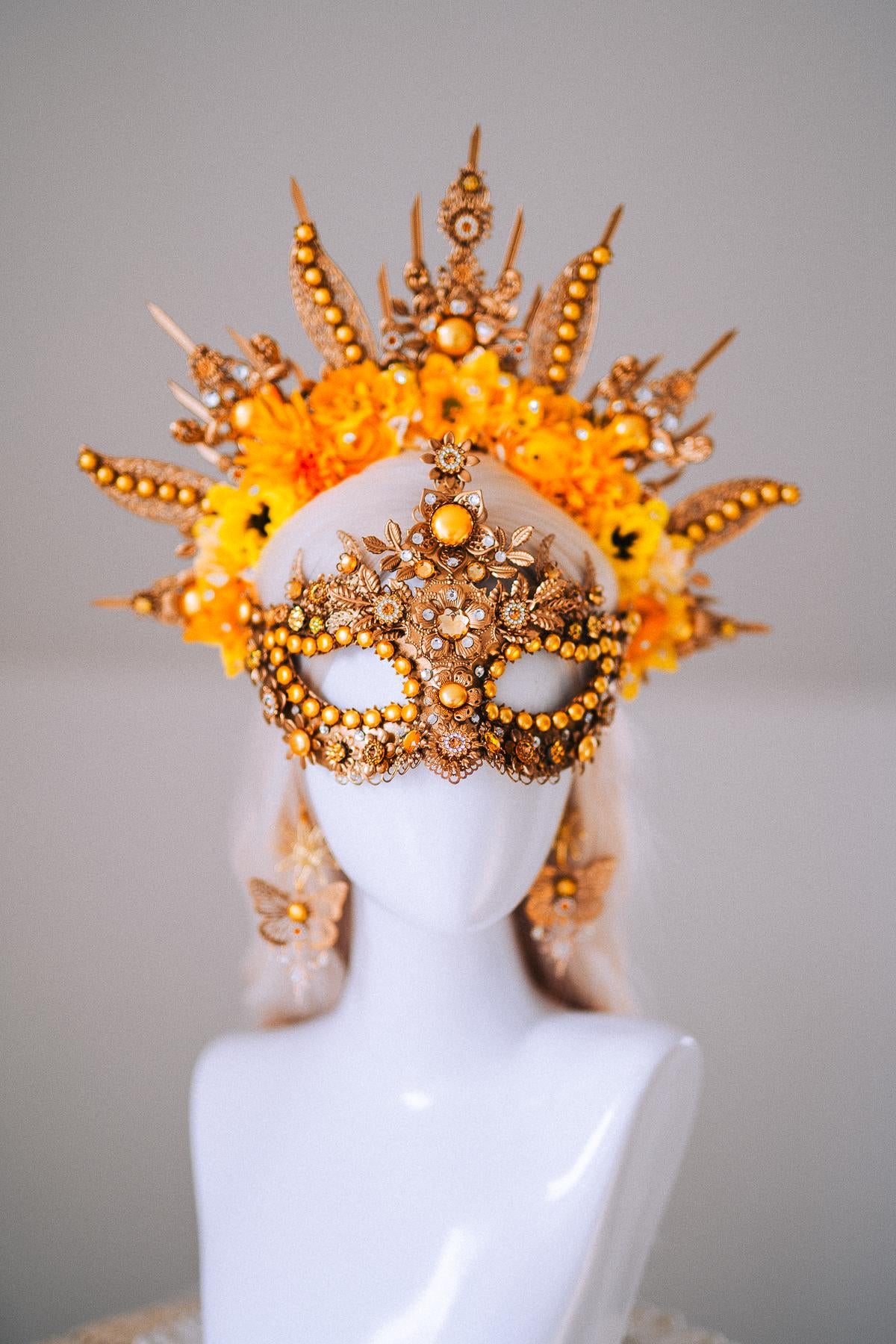 Sun Goddess Masquerade Mask Gold Crystal Festival Costume Mask