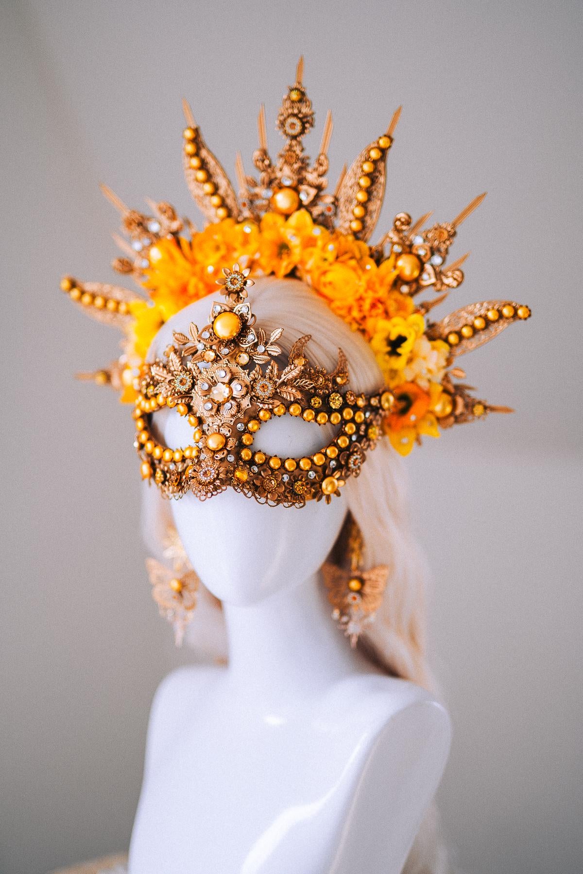 Sun Goddess Masquerade Mask Gold Crystal Festival Costume Mask