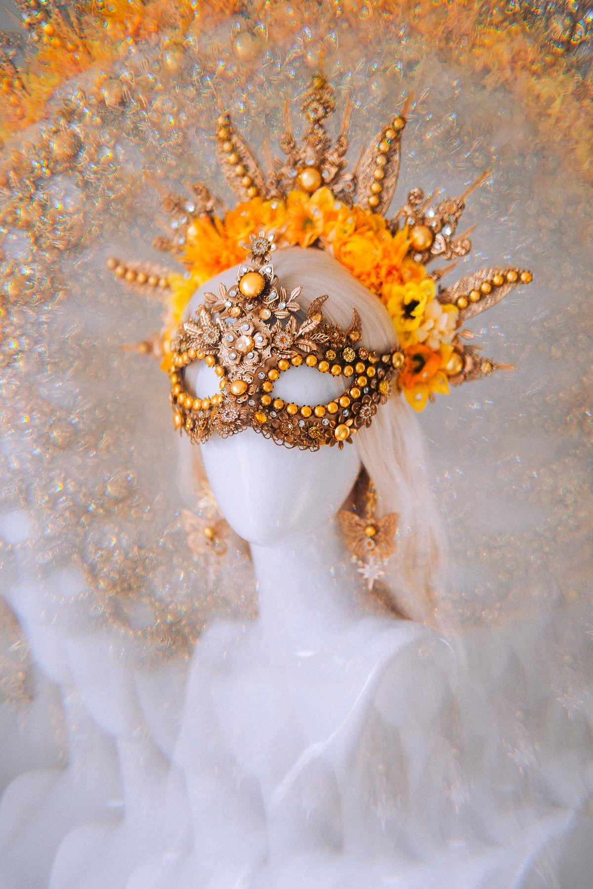 Sun Goddess Masquerade Mask Gold Crystal Festival Costume Mask