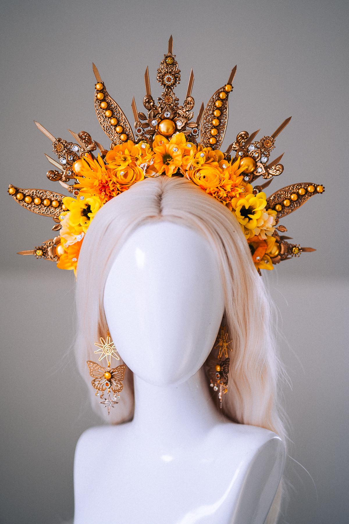 Sun Goddess Masquerade Mask Gold Crystal Festival Costume Mask