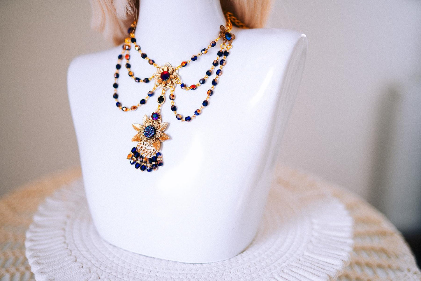 Sun Goddess Gold Statement Necklace Blue Crystal Festival Jewelry