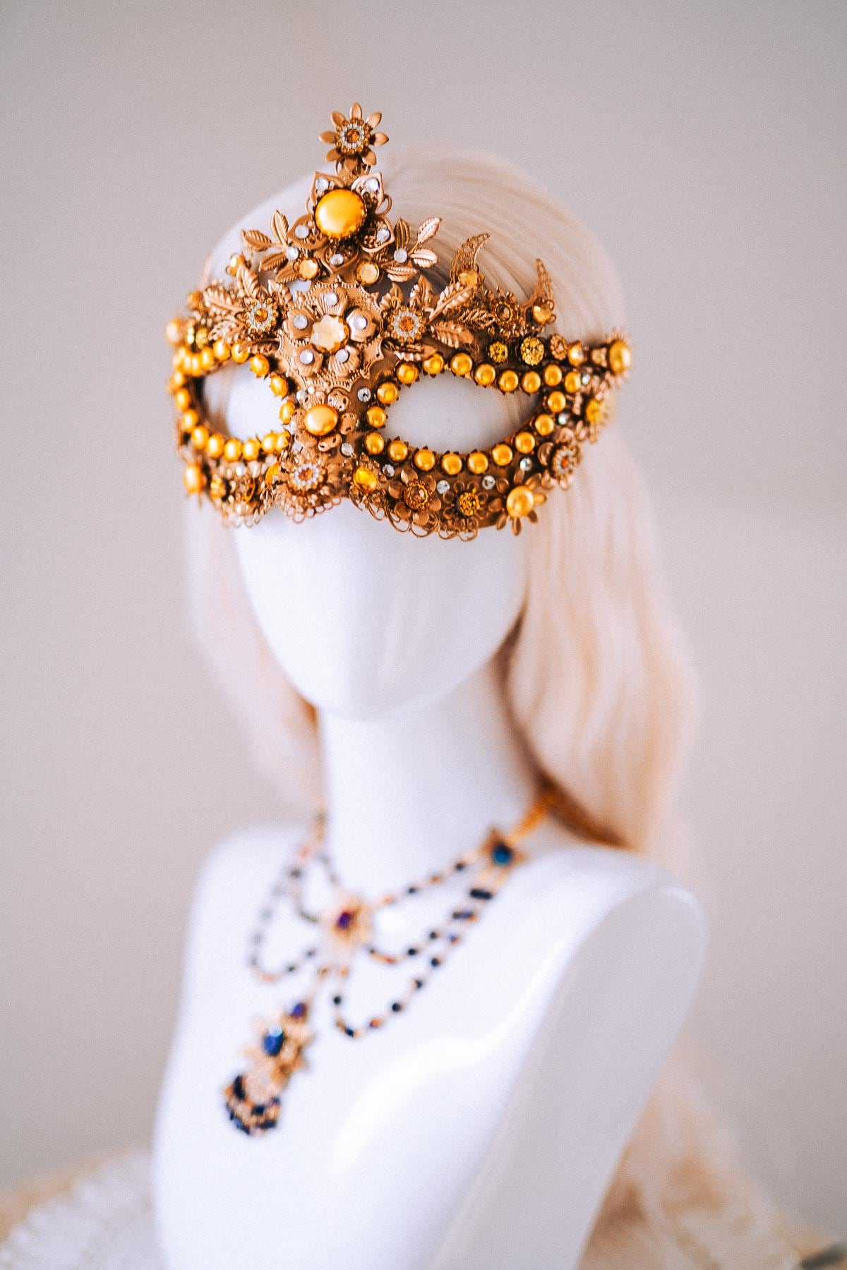 Sun Goddess Gold Statement Necklace Blue Crystal Festival Jewelry